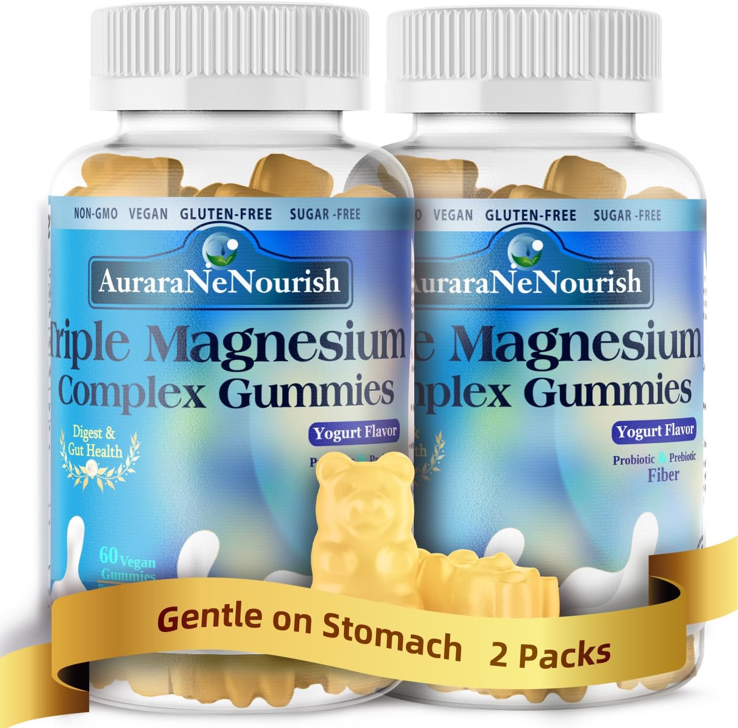 Sugar-Free Magnesium Gummies with Probiotic & Fiber - 2 Pack, 400mg Magnesium Glycinate, L-Threonate, Taurate - Chewable Gummies for Calm, Sleep, Brain, Digestion, Gut Health - VIT D3 K2 B6 Included