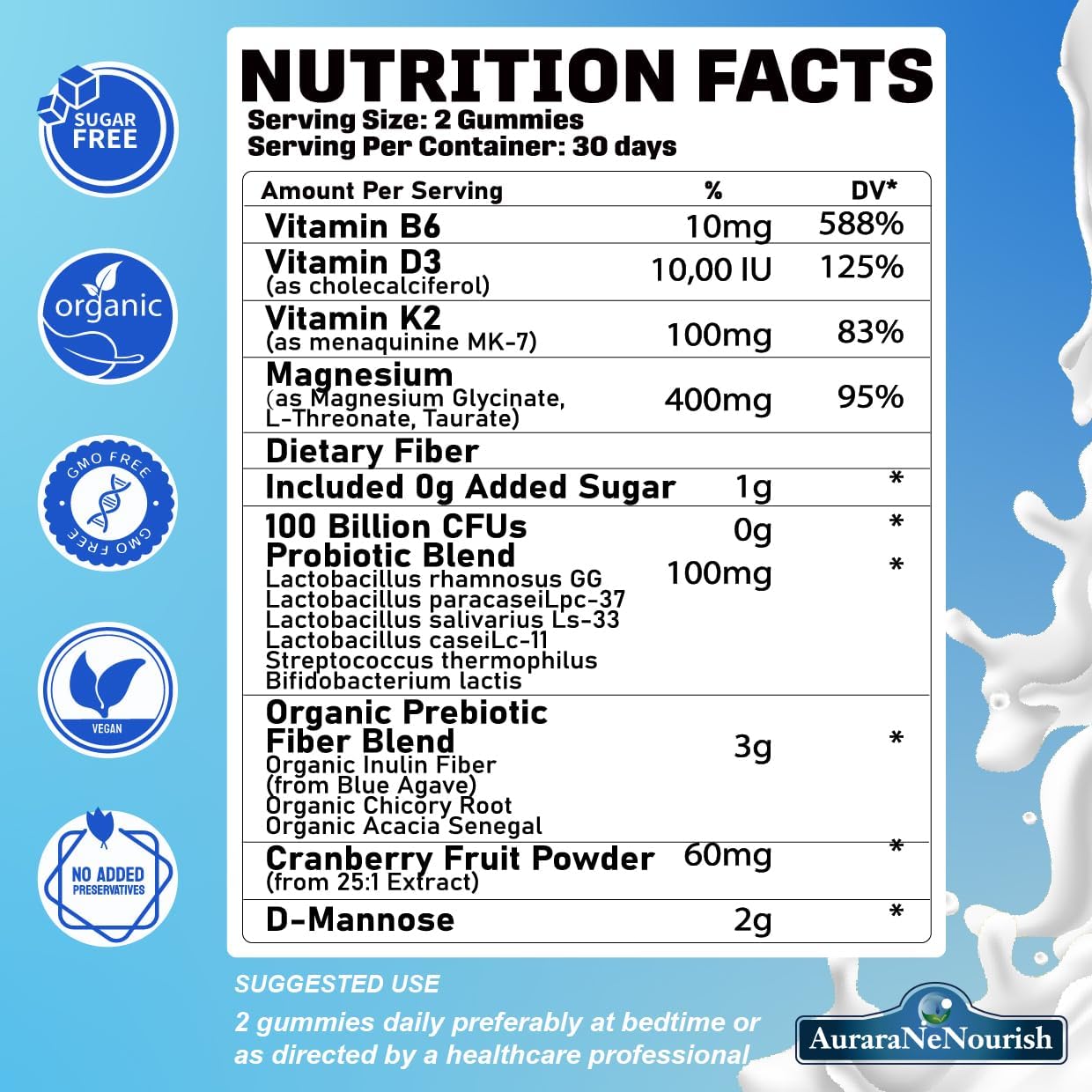 Sugar-Free Magnesium Gummies with Probiotic & Fiber - 2 Pack, 400mg Magnesium Glycinate, L-Threonate, Taurate - Chewable Gummies for Calm, Sleep, Brain, Digestion, Gut Health - VIT D3 K2 B6 Included