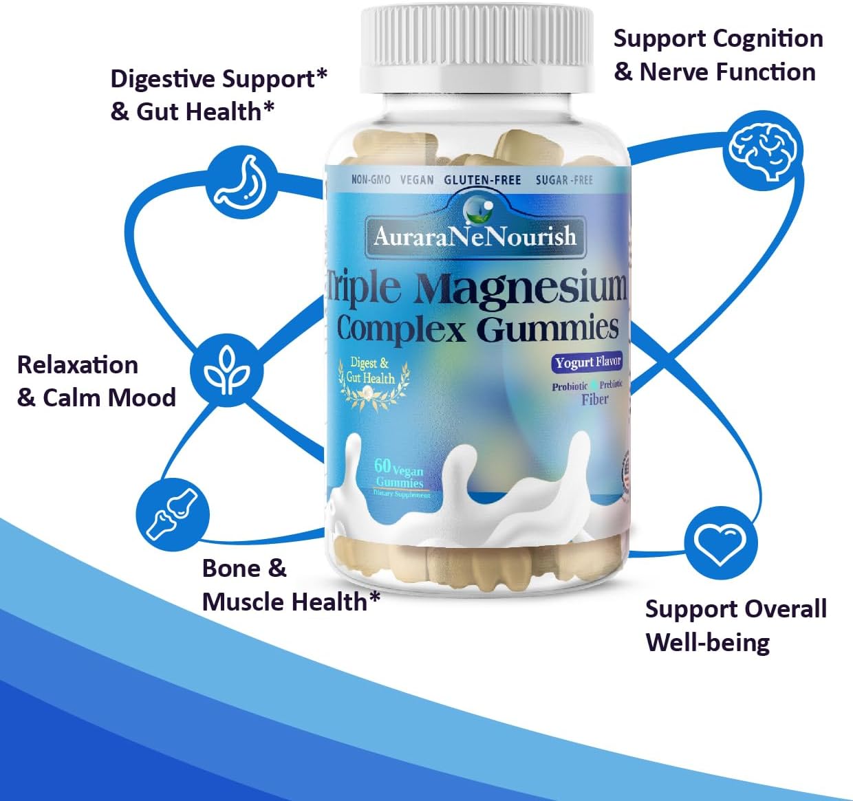 Sugar-Free Magnesium Gummies with Probiotic & Fiber - 2 Pack, 400mg Magnesium Glycinate, L-Threonate, Taurate - Chewable Gummies for Calm, Sleep, Brain, Digestion, Gut Health - VIT D3 K2 B6 Included