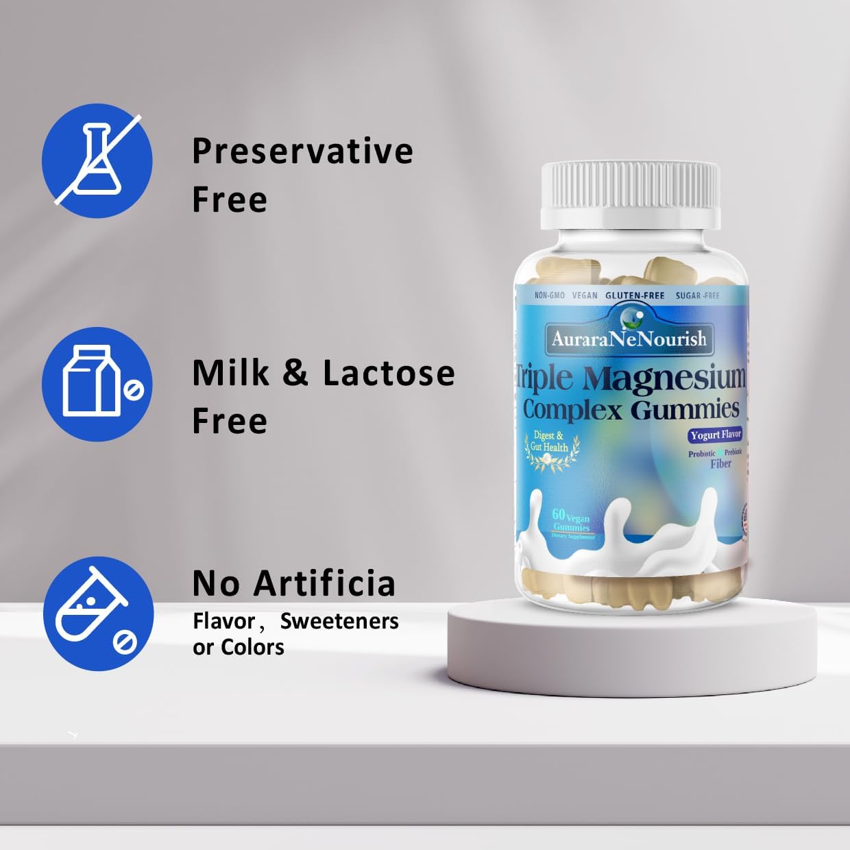 Sugar-Free Magnesium Gummies with Probiotic & Fiber - 2 Pack, 400mg Magnesium Glycinate, L-Threonate, Taurate - Chewable Gummies for Calm, Sleep, Brain, Digestion, Gut Health - VIT D3 K2 B6 Included