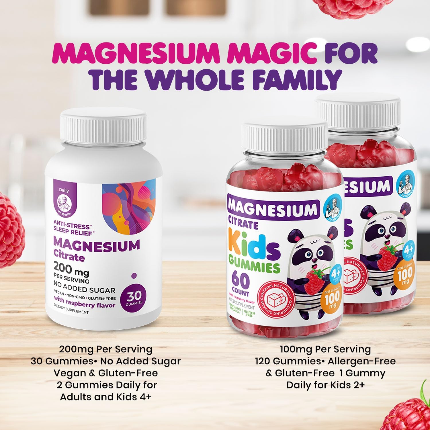 Sugar-Free Magnesium Gummy Bundle for Adults and Kids - Dr. Moritz Calm Magnesium Gummies (200mg, 30 Count) and Kids Magnesium Gummies (120 Count, 2 Pack) - BoostGo Australia