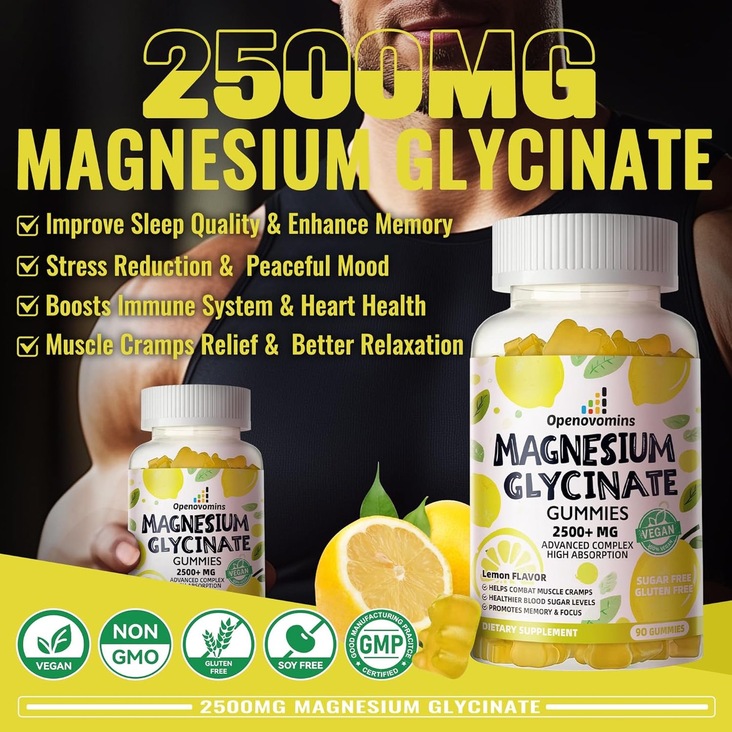 Sugar-Free Magnesium Potassium Gummies with Vitamin D, B6, CoQ10 - 2500mg for Calm Mood & Sleep - 90 Lemon Gummies