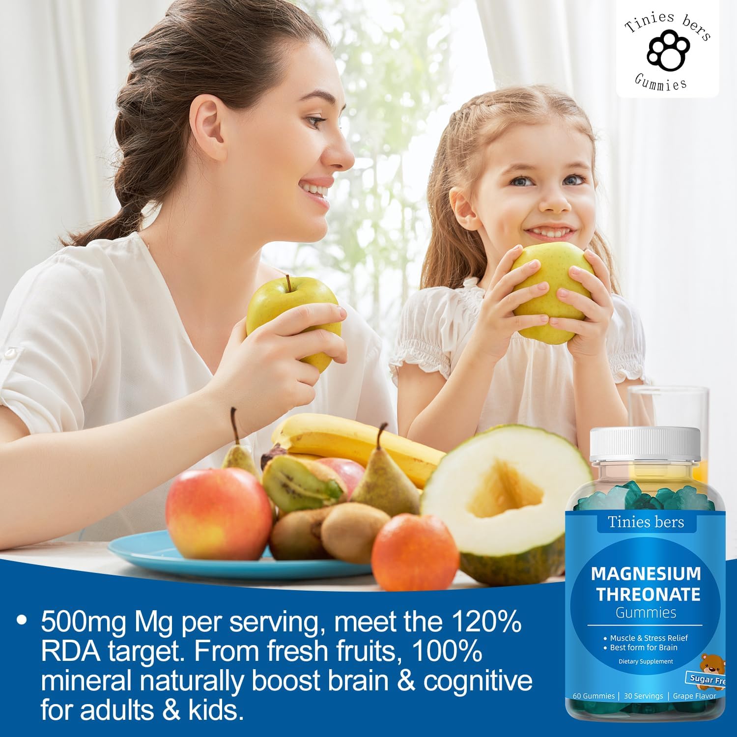 Sugar-Free Magnesium Threonate & Potassium Gummies 500mg - Fruits Flavor, Vegan, Pectin, Non-GMO, Gluten-Free - for Adults & Kids