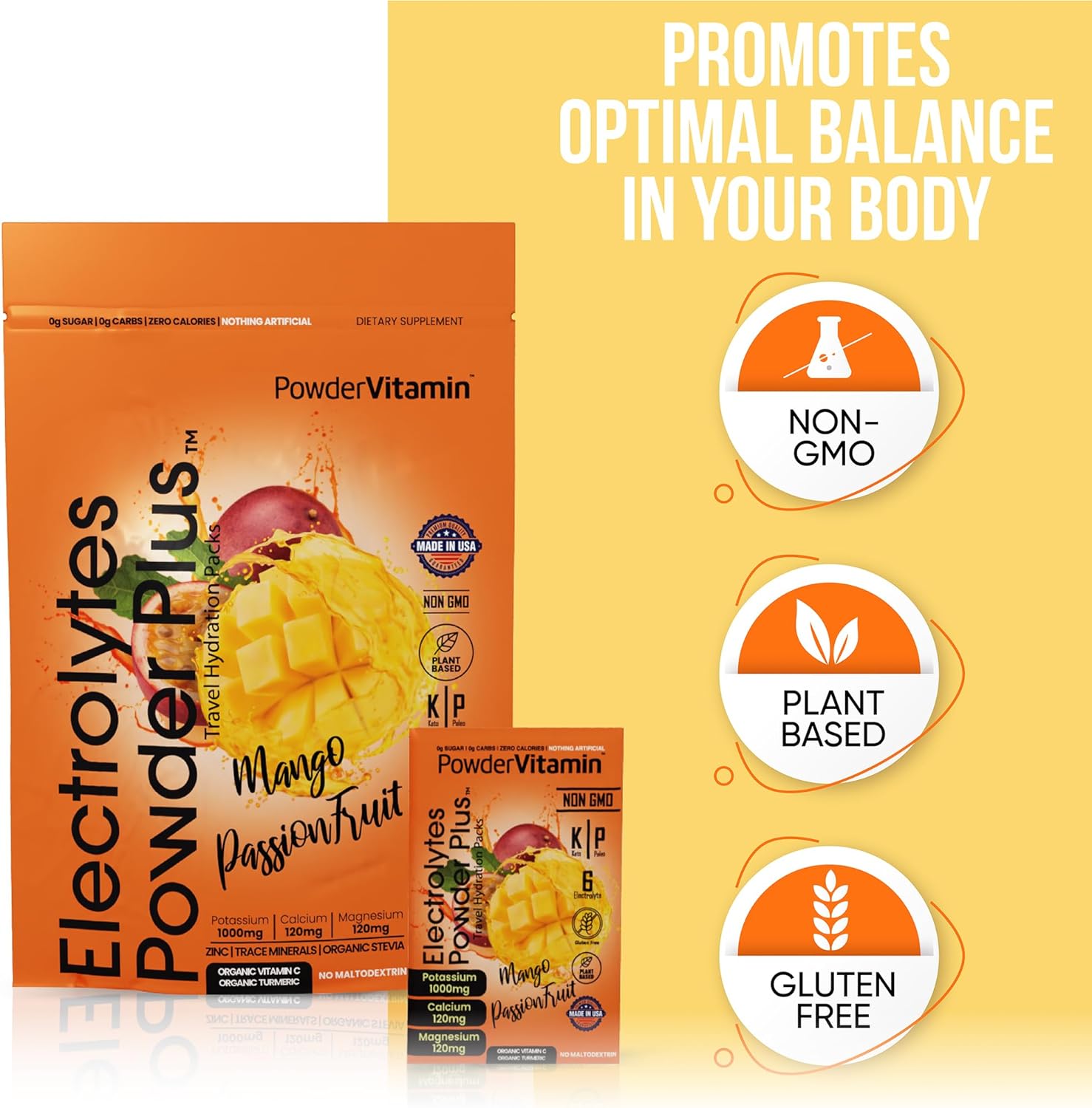 Sugar Free Mango Passionfruit Keto Electrolyte Powder with 1000mg Potassium, 120mg Calcium, 120mg Magnesium - 30 Packets