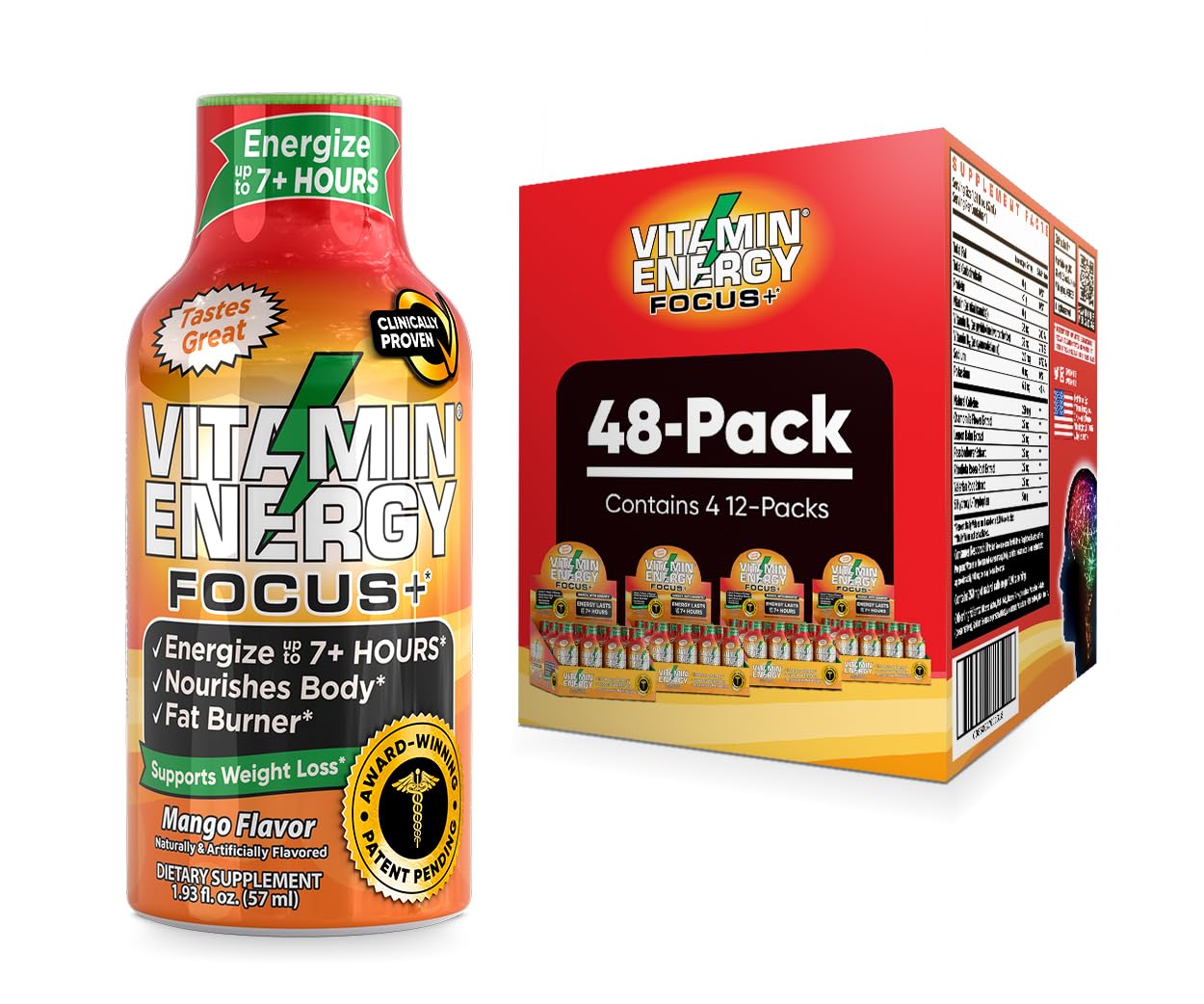 Sugar-Free Mango Vitamin Energy Shots for Long-Lasting Focus and Energy Boost | B6, B12, Niacin, L-Theanine, CoQ10 | 48 Ct Box | 1.93 fl oz Shots | Natural Supplement