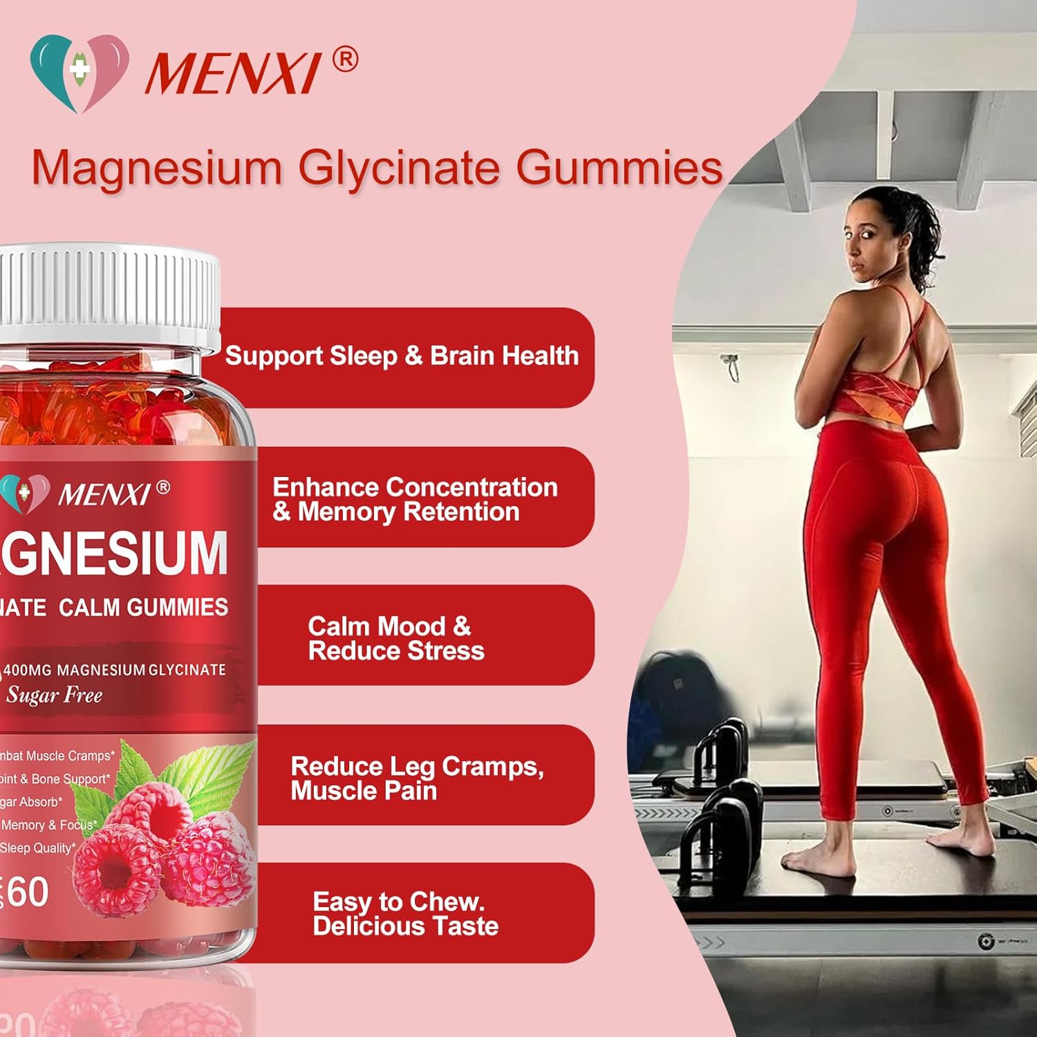 Sugar-Free MENXI Magnesium Gummies with 600mg Magnesium per Serving - Potassium Supplement for Mood, Muscle, Bone & Energy Support - 120 Raspberry Gummies