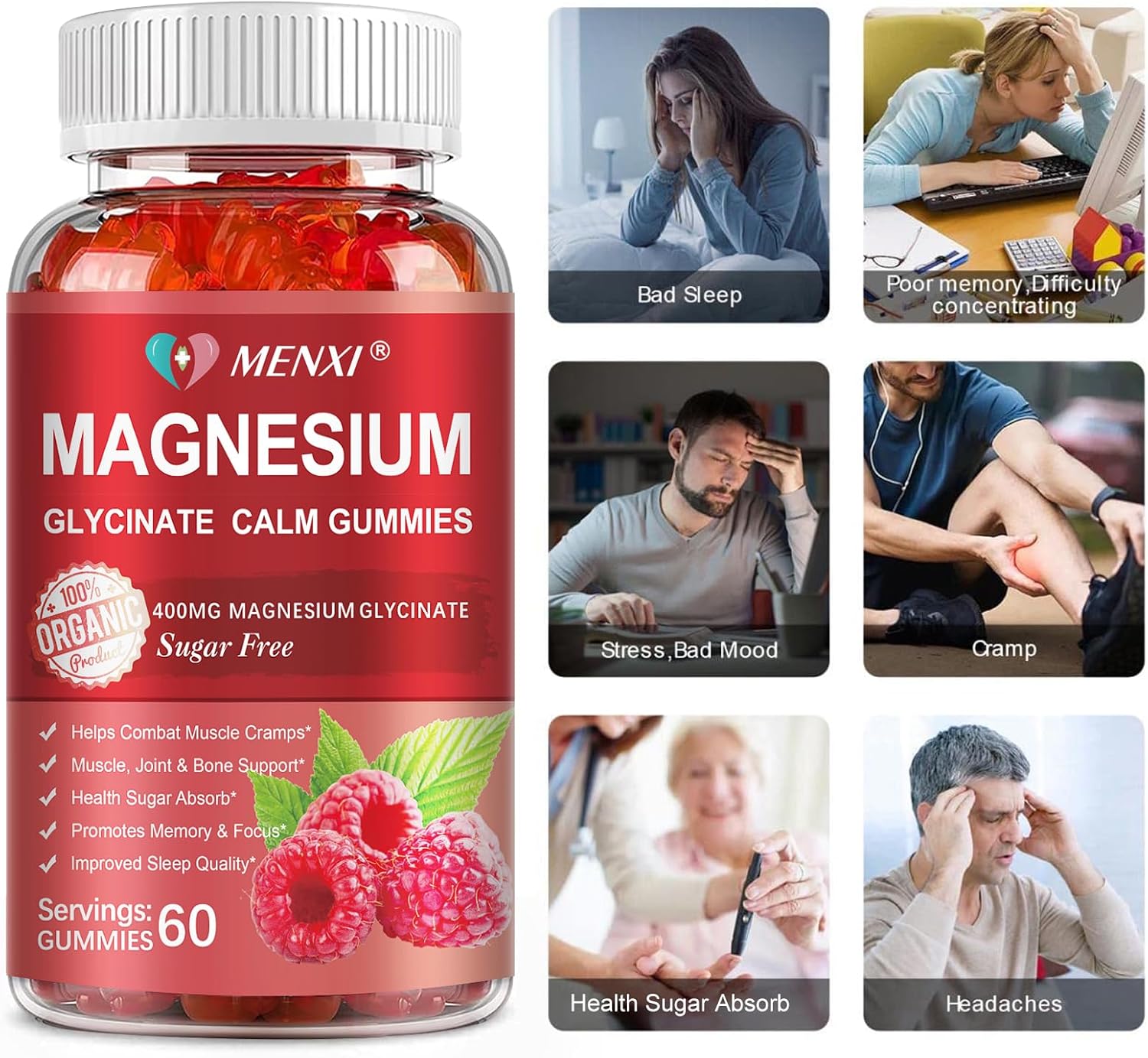 Sugar-Free MENXI Magnesium Gummies with 600mg Magnesium per Serving - Potassium Supplement for Mood, Muscle, Bone & Energy Support - 120 Raspberry Gummies