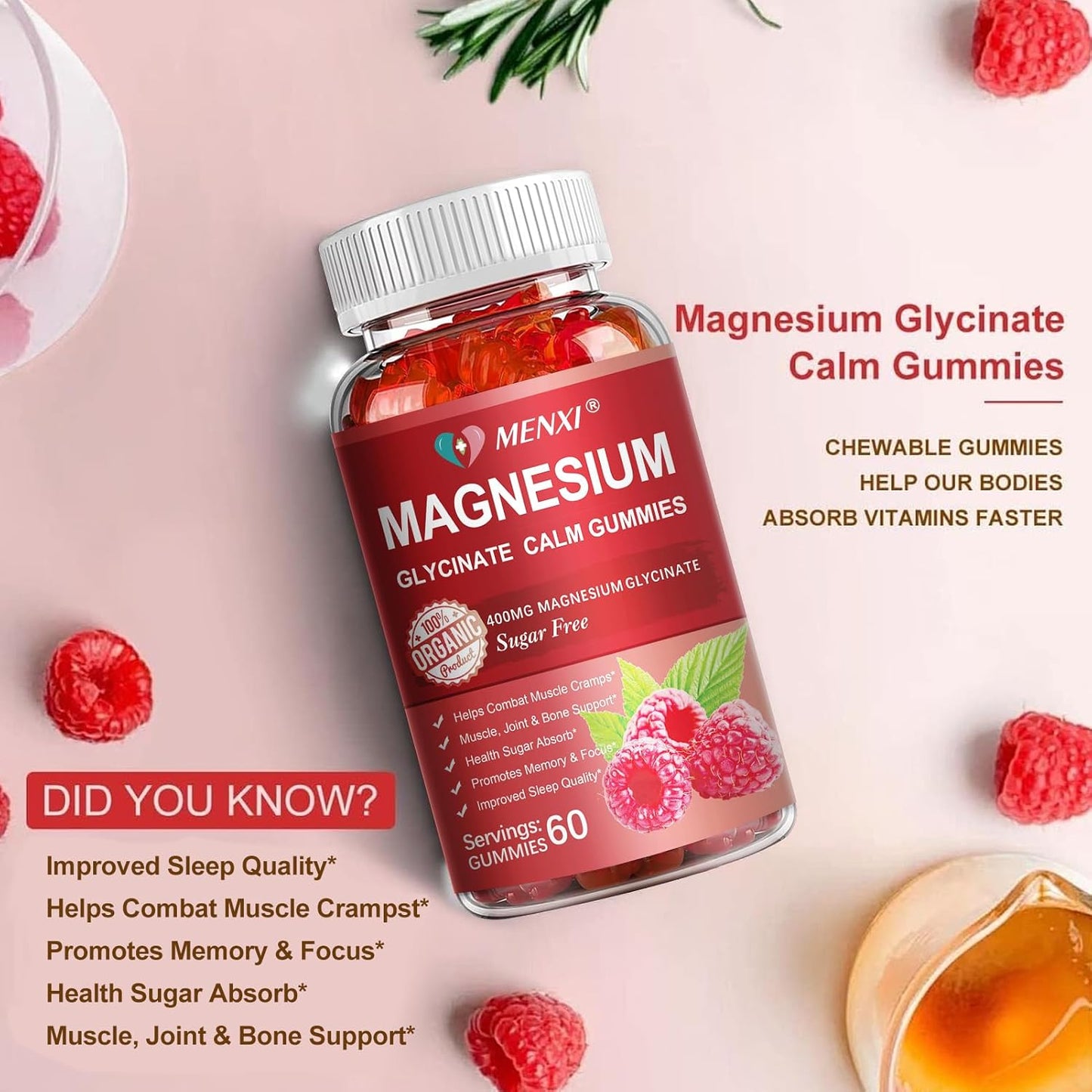 Sugar-Free MENXI Magnesium Gummies with 600mg Magnesium per Serving - Potassium Supplement for Mood, Muscle, Bone & Energy Support - 120 Raspberry Gummies