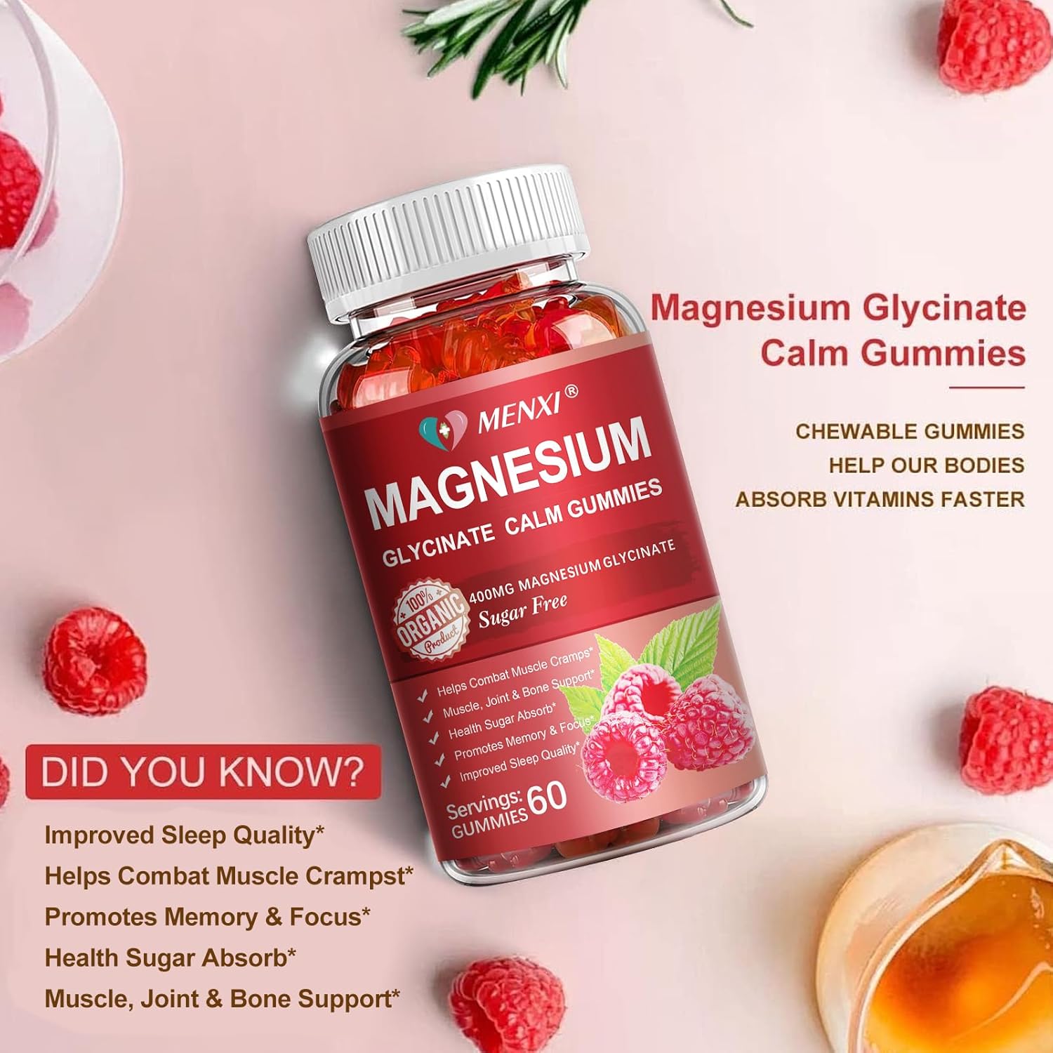 Sugar-Free MENXI Magnesium Gummies with 600mg Magnesium per Serving - Potassium Supplement for Mood, Muscle, Bone & Energy Support - 120 Raspberry Gummies