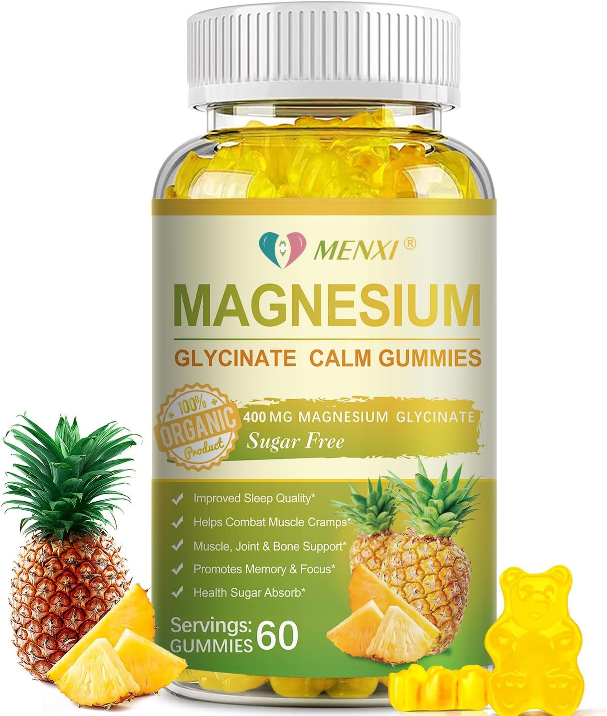Sugar-Free MENXI Magnesium Gummies with Vitamin D, B6, CoQ10 - 400mg Magnesium Taurate & Malate for Relaxation, Stress Relief, Sleep - 60 Pineapple Gummies