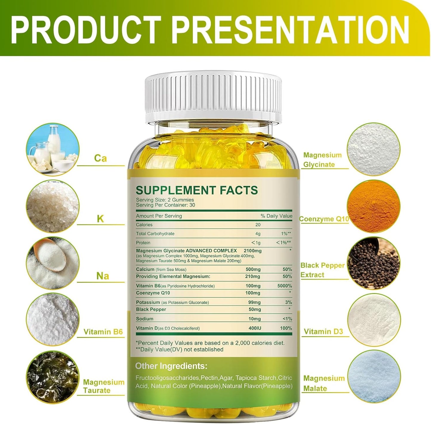 Sugar-Free MENXI Magnesium Gummies with Vitamin D, B6, CoQ10 - 400mg Magnesium Taurate & Malate for Relaxation, Stress Relief, Sleep - 60 Pineapple Gummies