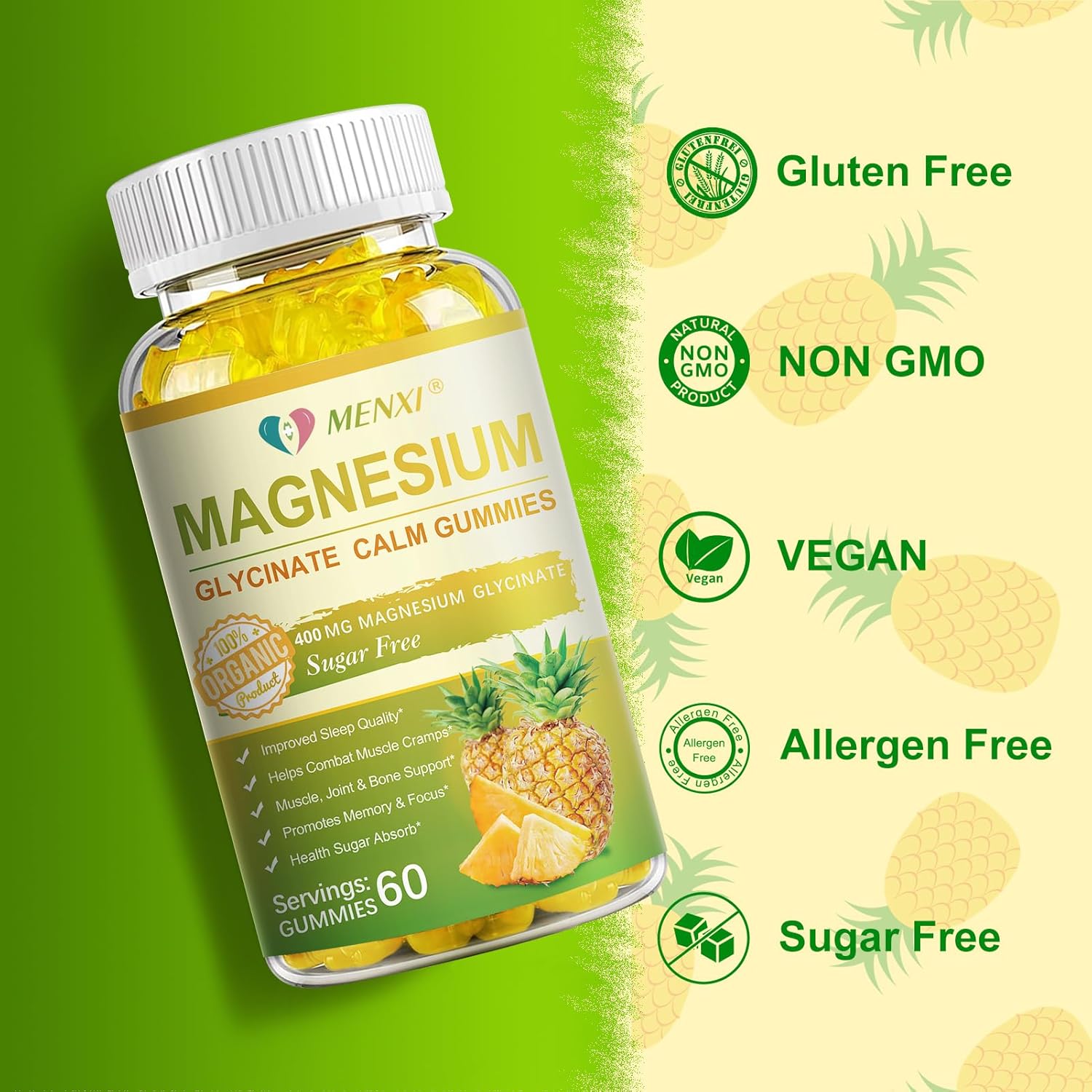 Sugar-Free MENXI Magnesium Gummies with Vitamin D, B6, CoQ10 - 400mg Magnesium Taurate & Malate for Relaxation, Stress Relief, Sleep - 60 Pineapple Gummies