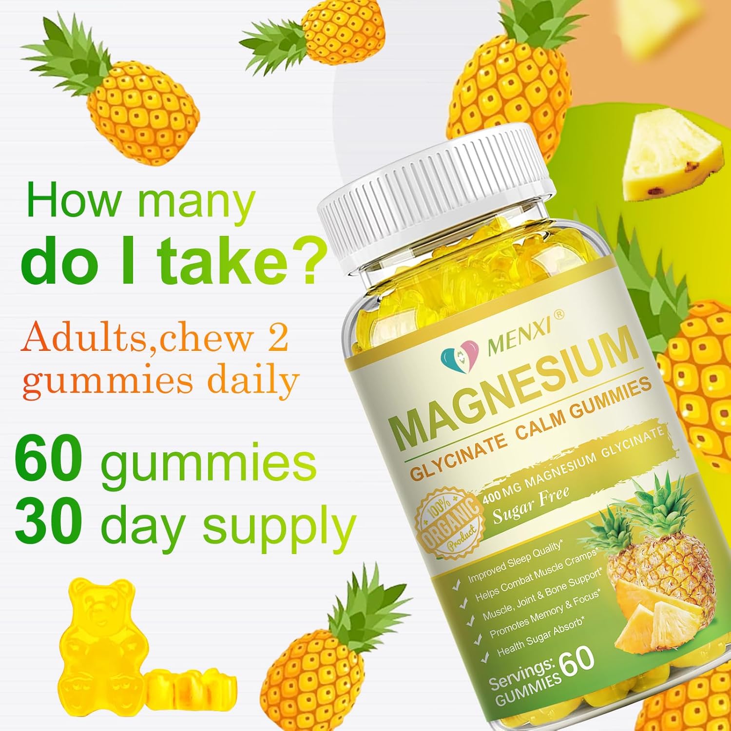 Sugar-Free MENXI Magnesium Gummies with Vitamin D, B6, CoQ10 - 400mg Magnesium Taurate & Malate for Relaxation, Stress Relief, Sleep - 60 Pineapple Gummies