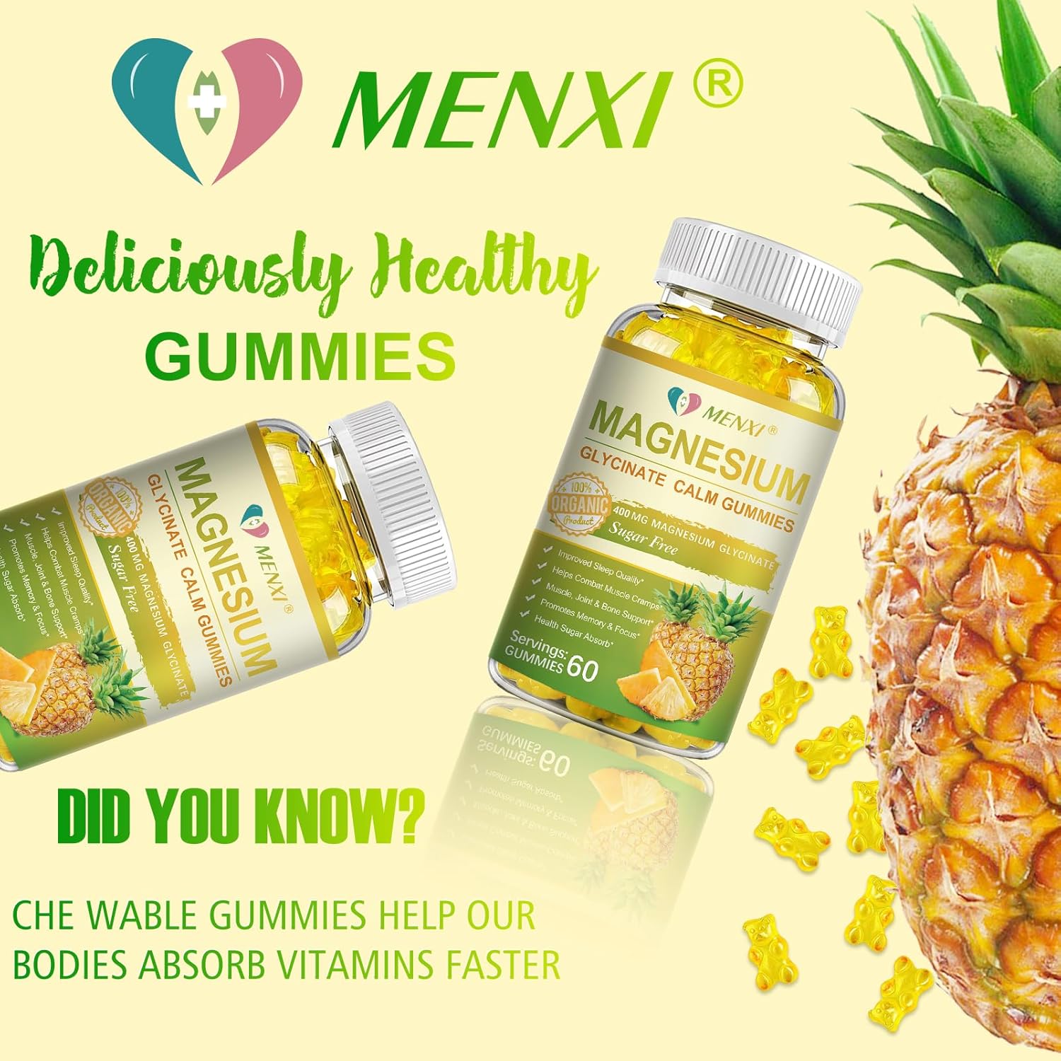 Sugar-Free MENXI Magnesium Gummies with Vitamin D, B6, CoQ10 - 400mg Magnesium Taurate & Malate for Relaxation, Stress Relief, Sleep - 60 Pineapple Gummies
