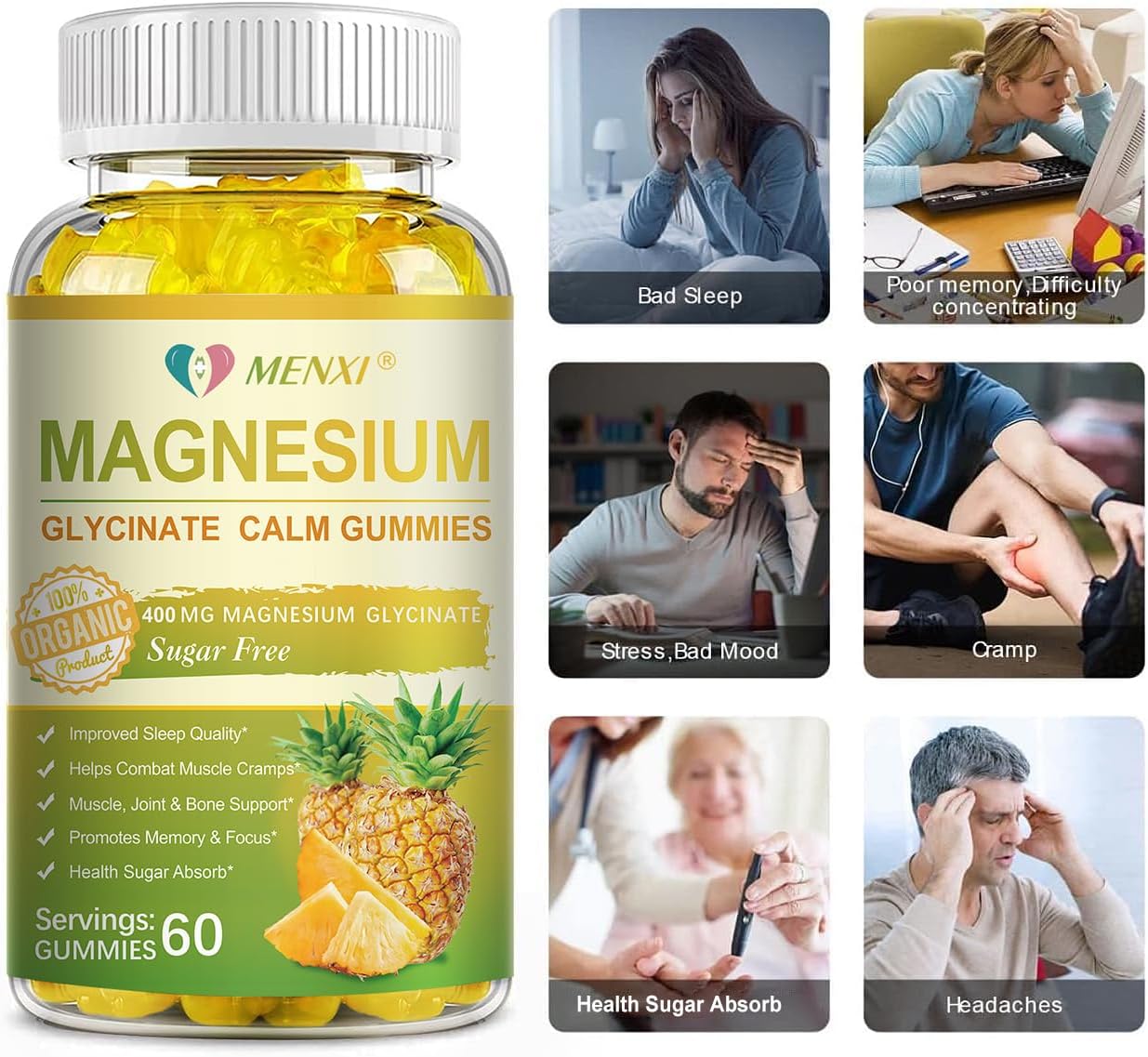 Sugar-Free MENXI Magnesium Gummies with Vitamin D, B6, CoQ10 - 400mg Magnesium Taurate & Malate for Relaxation, Stress Relief, Sleep - 60 Pineapple Gummies