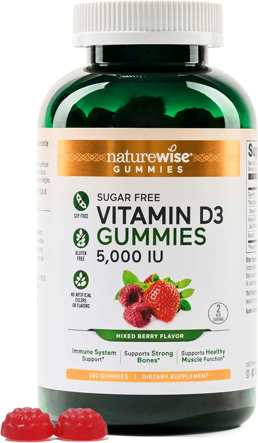 Sugar-Free Mixed Berry Flavor Vitamin D3 Gummies - 5000 IU for Adults - Supports Immunity, Muscle & Bone Strength - Non-GMO - 180 Gummies