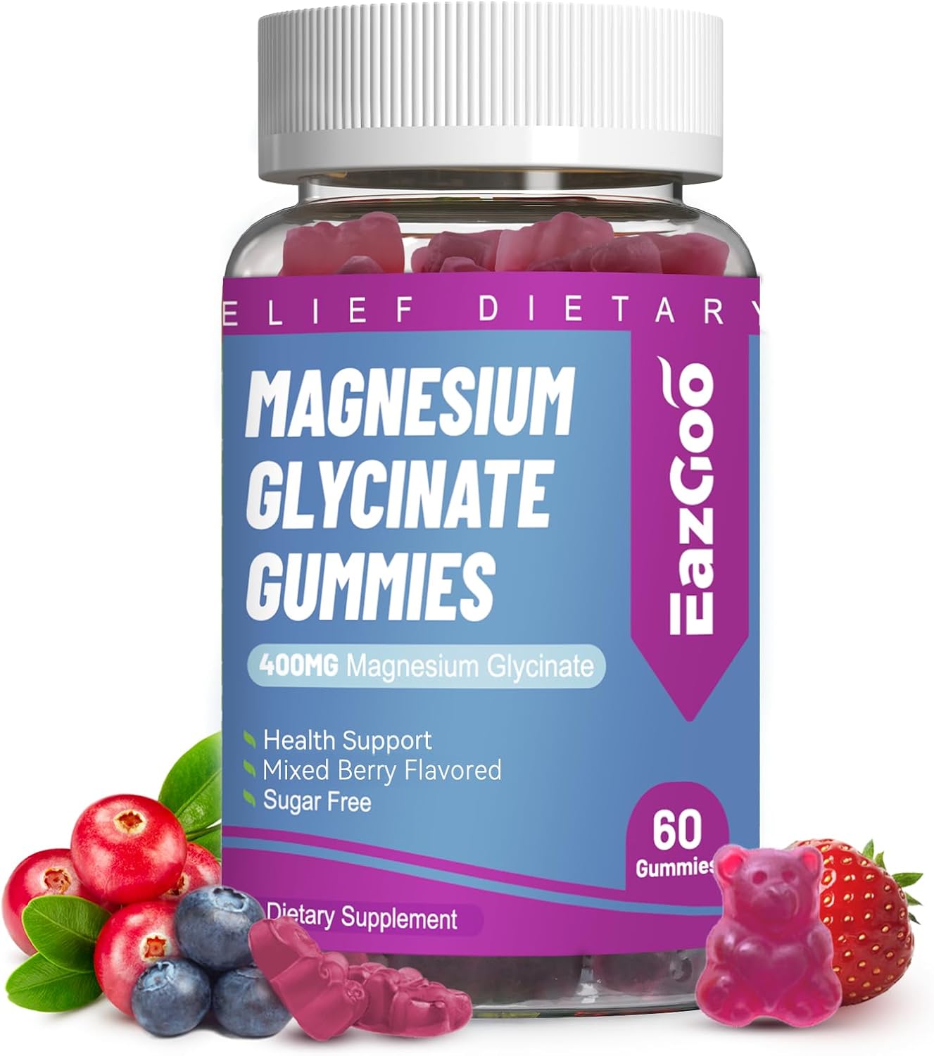 Sugar-Free Mixed Berry Flavored Magnesium Gummies with Potassium, Vitamin D, B6, CoQ10 - 400mg Magnesium Glycinate and 200mg L-Threonate for Muscle - 60 Gummies