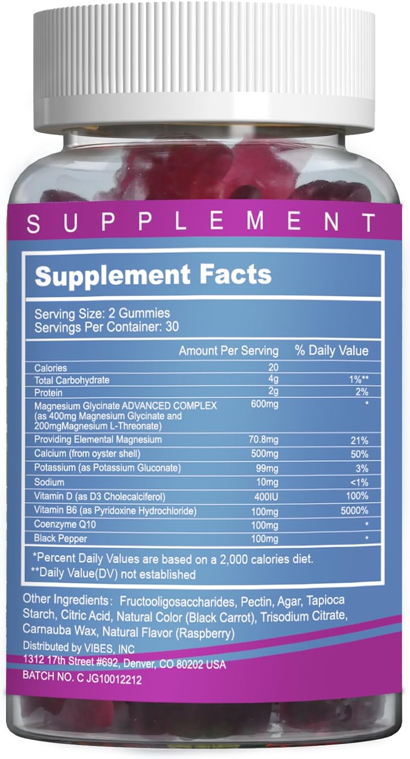 Sugar-Free Mixed Berry Flavored Magnesium Gummies with Potassium, Vitamin D, B6, CoQ10 - 400mg Magnesium Glycinate and 200mg L-Threonate for Muscle - 60 Gummies
