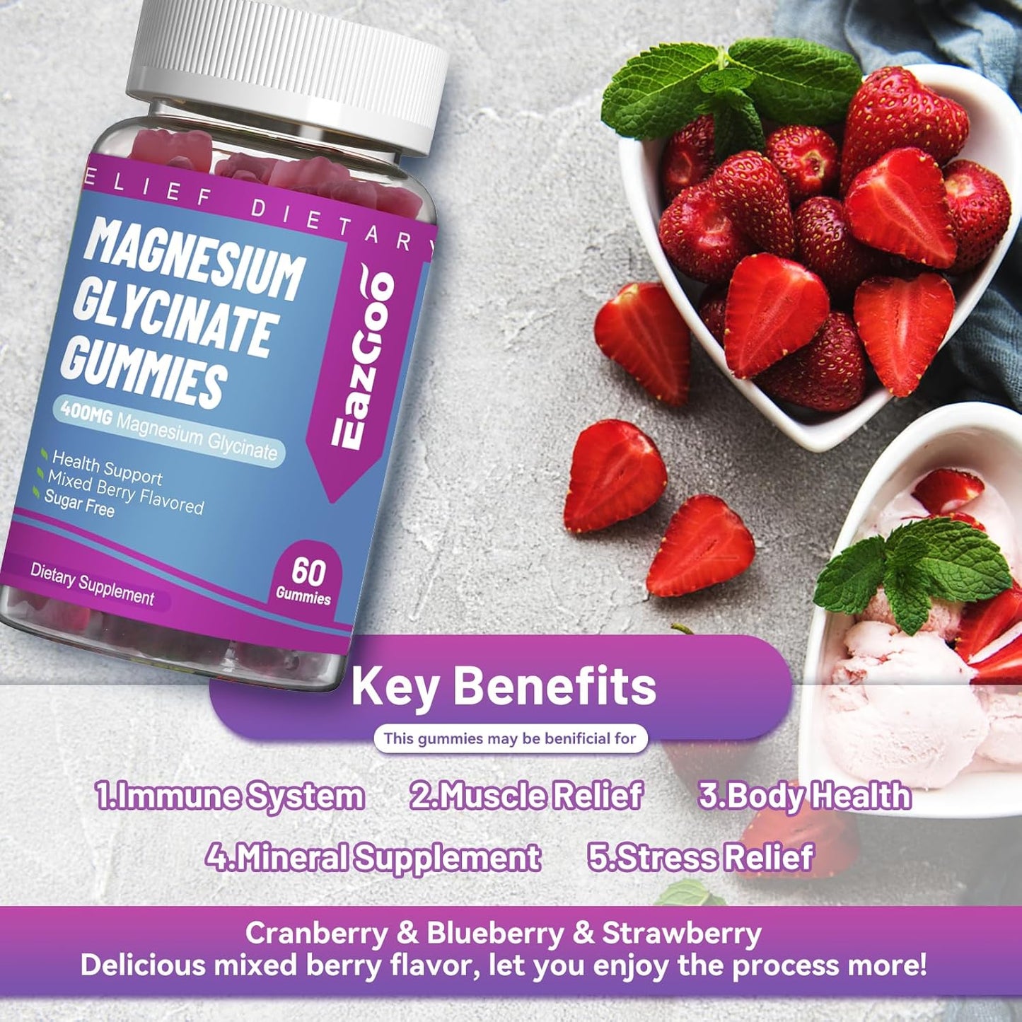 Sugar-Free Mixed Berry Flavored Magnesium Gummies with Potassium, Vitamin D, B6, CoQ10 - 400mg Magnesium Glycinate and 200mg L-Threonate for Muscle - 60 Gummies