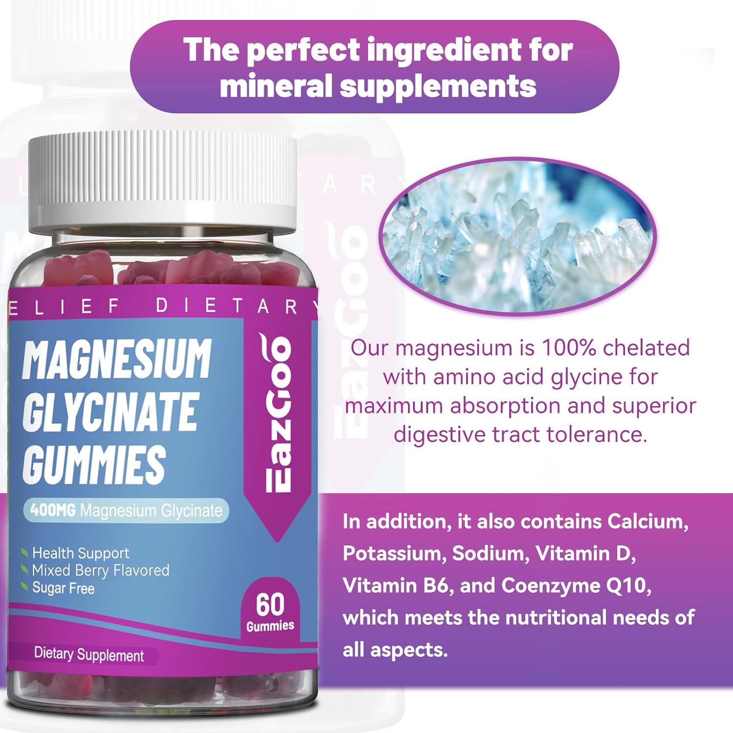 Sugar-Free Mixed Berry Flavored Magnesium Gummies with Potassium, Vitamin D, B6, CoQ10 - 400mg Magnesium Glycinate and 200mg L-Threonate for Muscle - 60 Gummies