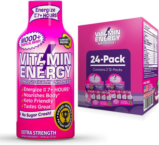 Sugar Free Mood Support Vitamin Energy Drink Shots - Keto/Vegan Friendly with Rhodiola and Chamomile for 7+ Hours of Energy - Tropical Berry Flavor - 1.93 Fl Oz (Pack of 24)