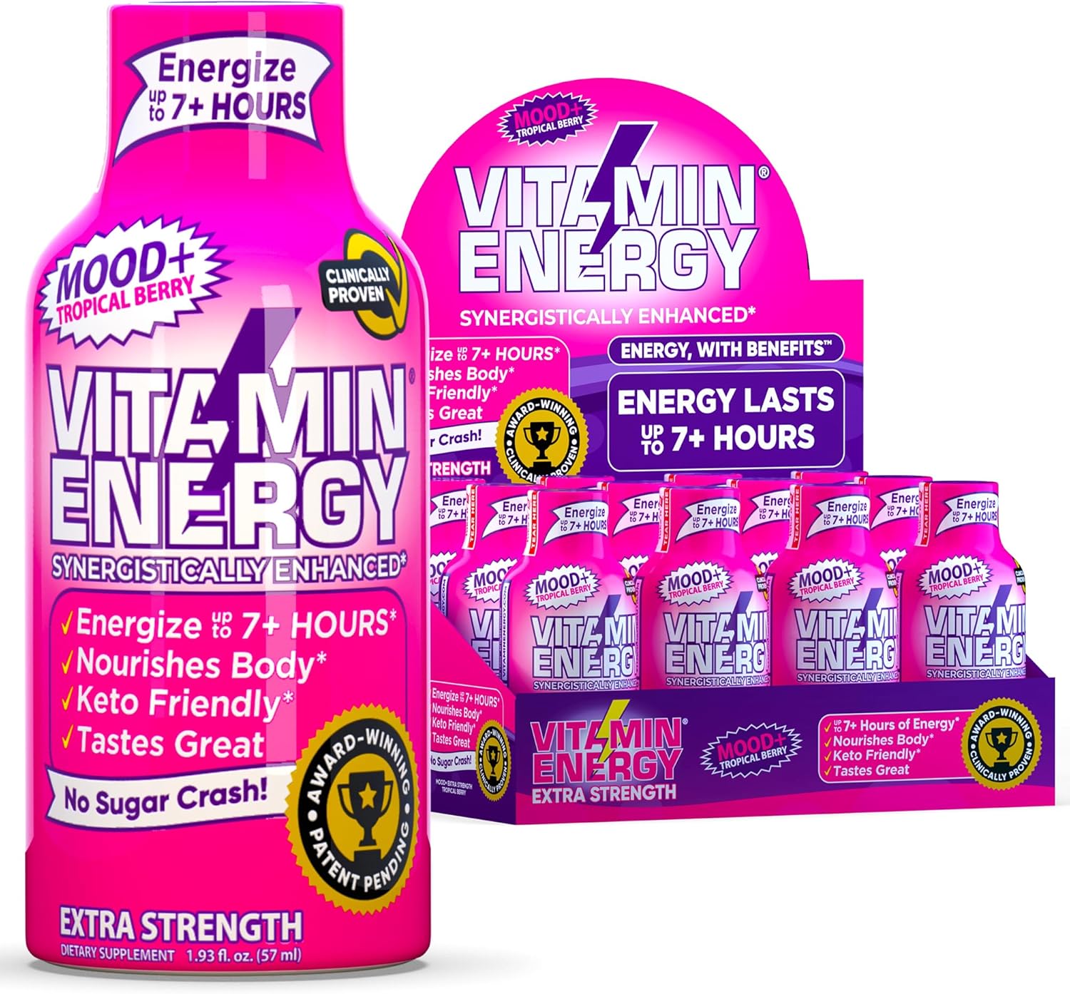 Sugar-Free Mood Support Vitamin Energy Drink Shots - Keto/Vegan Friendly with Rhodiola & Chamomile for 7+ Hours of Energy - Tropical Berry Flavor - 1.93 Fl Oz (Pack of 12)