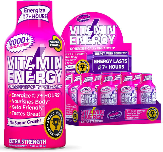 Sugar-Free Mood Support Vitamin Energy Drink Shots - Keto/Vegan Friendly with Rhodiola & Chamomile for 7+ Hours of Energy - Tropical Berry Flavor - 1.93 Fl Oz (Pack of 12)