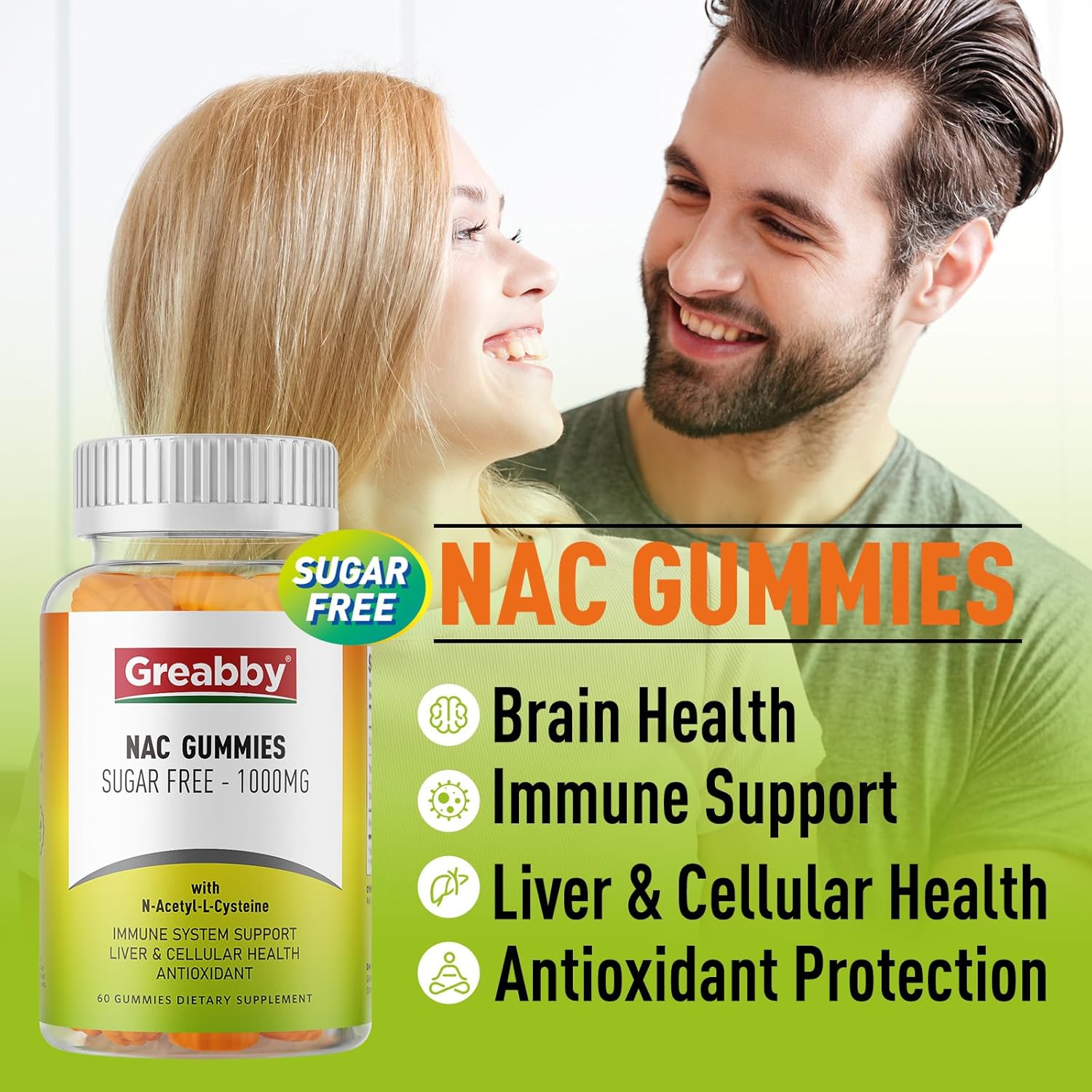 Sugar-Free NAC Gummies - 1000mg Antioxidant Supplement for Lung & Liver Health, Immune Support - Vegan Orange Flavor - 60ct