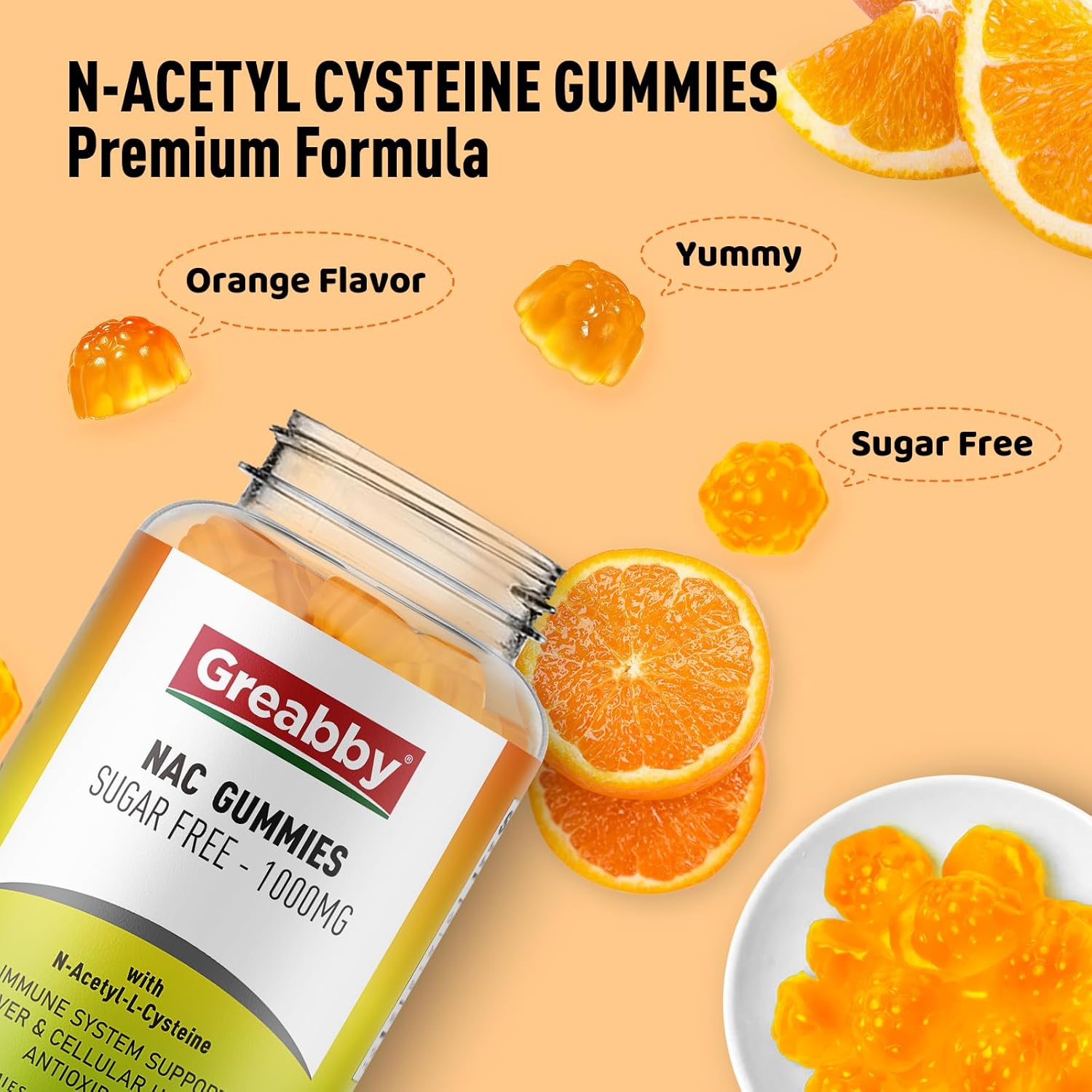 Sugar-Free NAC Gummies - 1000mg Antioxidant Supplement for Lung & Liver Health, Immune Support - Vegan Orange Flavor - 60ct
