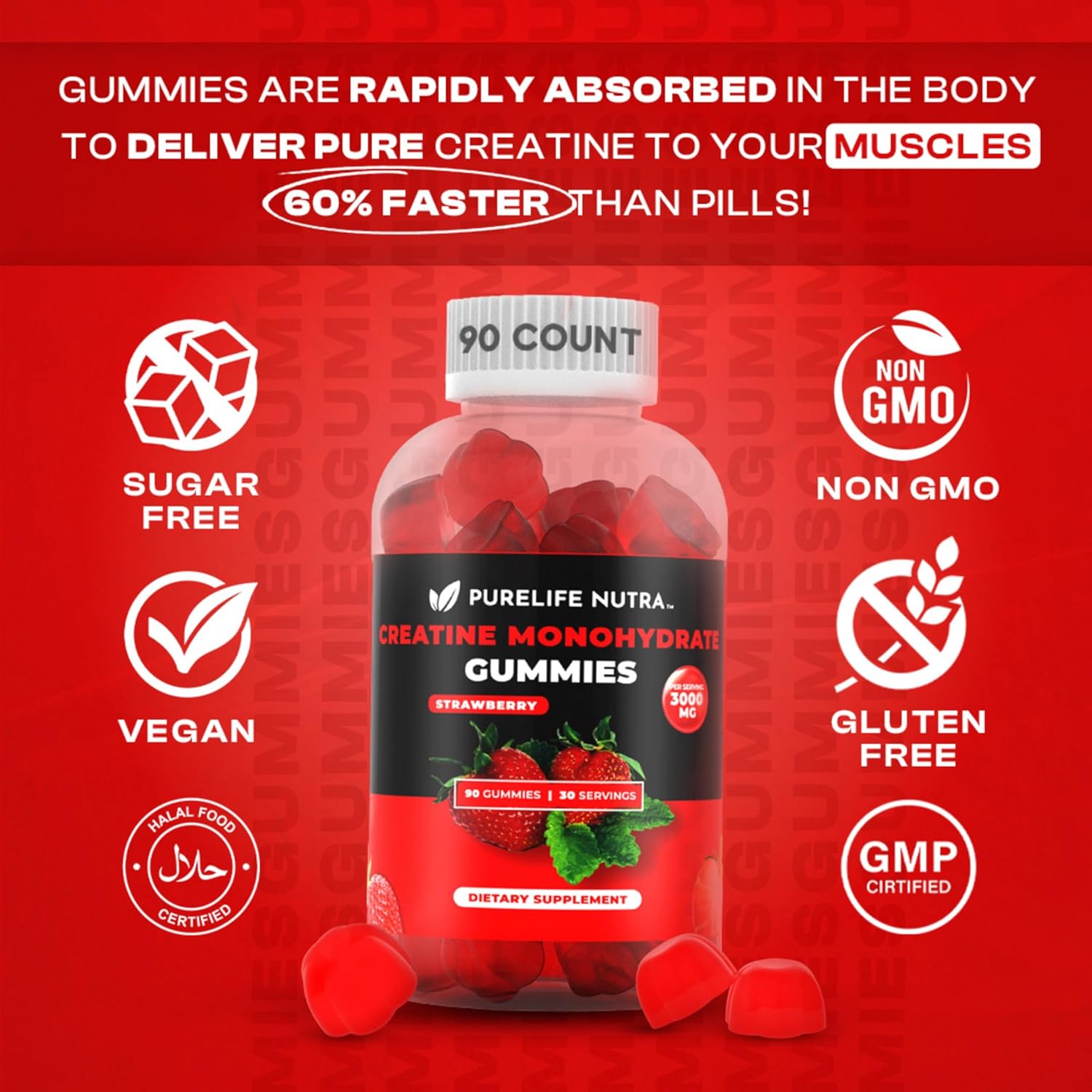 Sugar-Free Natural Strawberry Flavored Creatine Gummies - Boost Strength & Focus, 90 Count Vegan Supplement for Men & Women, Gluten-Free & Halal - PureLife Nutra Creatine Monohydrate Gummies, 3g Serving