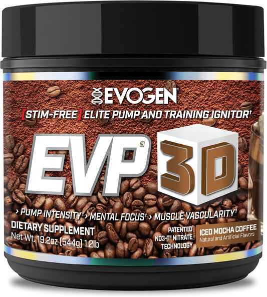 Sugar-Free Non-Stim Pre Workout Powder for Men & Women - Evogen EVP 3D Iced Mocha Coffee - 40 Servings