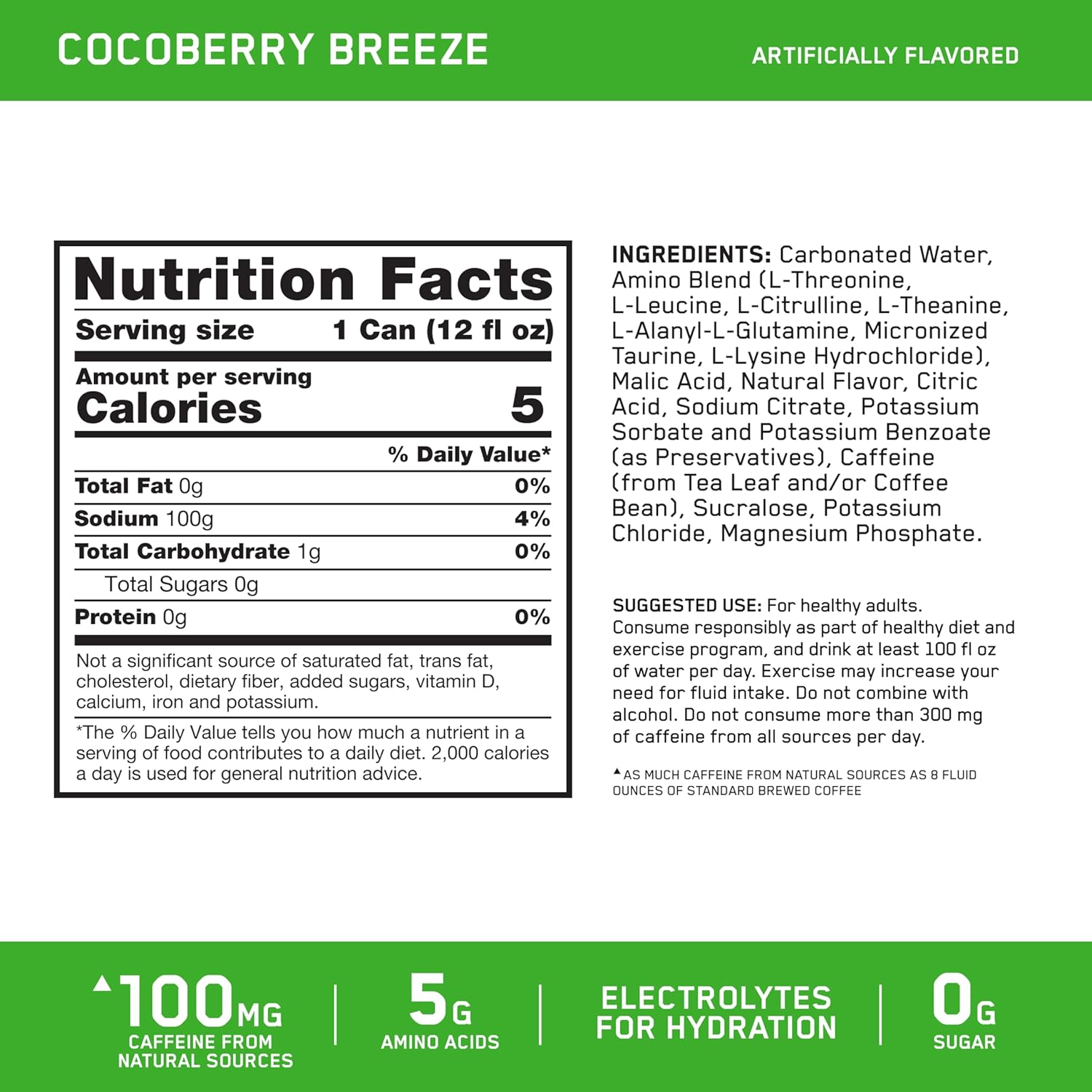 Sugar-Free Optimum Nutrition Amino Energy Sparkling Cocoberry Breeze Hydration Drink - 12 Fl Oz, 12 Pack with Electrolytes, Caffeine, Amino Acids, BCAAs