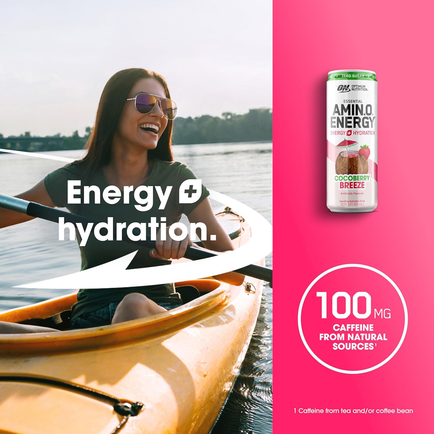 Sugar-Free Optimum Nutrition Amino Energy Sparkling Cocoberry Breeze Hydration Drink - 12 Fl Oz, 12 Pack with Electrolytes, Caffeine, Amino Acids, BCAAs