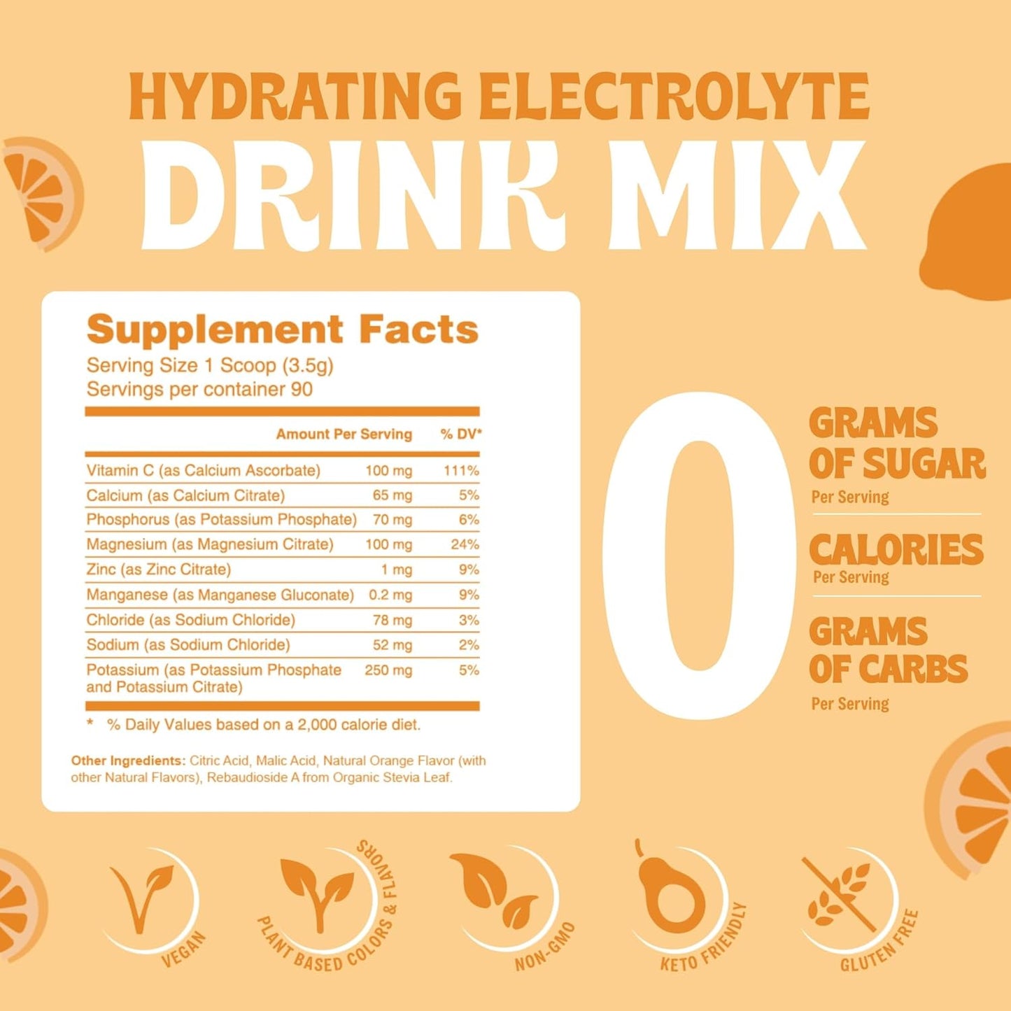 Sugar-Free Orange Electrolyte Powder - Zero Calories, Carbs, or Artificial Ingredients - Keto & Vegan-Friendly - 90 Servings