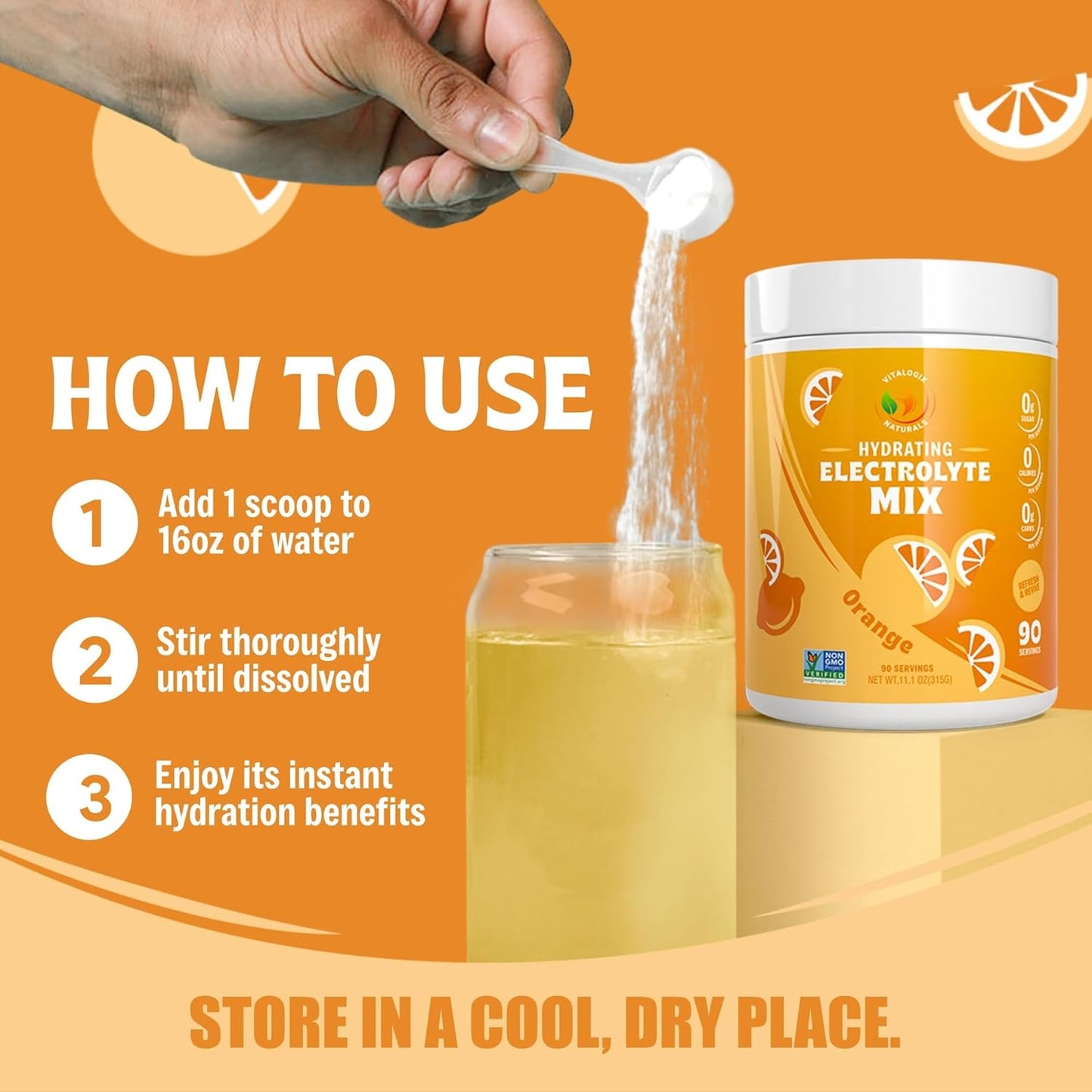 Sugar-Free Orange Electrolyte Powder - Zero Calories, Carbs, or Artificial Ingredients - Keto & Vegan-Friendly - 90 Servings