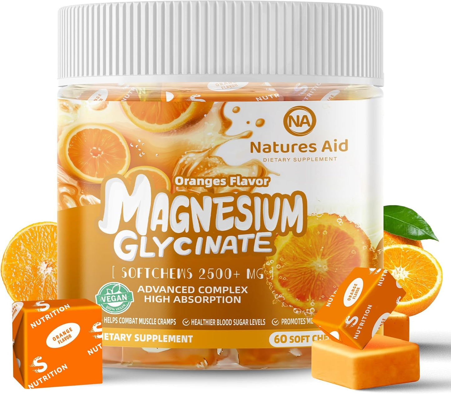 Sugar-Free Orange Flavored Magnesium Glycinate Soft Chews with Potassium, Vitamin D, B6, and CoQ10 for Calm Support & Sleep - 60 Day Supply for Adults