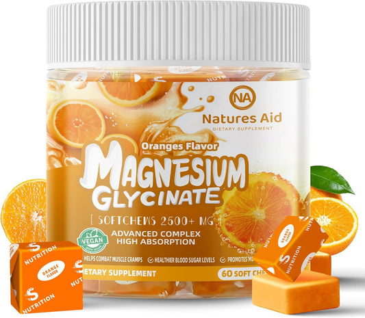 Sugar-Free Orange Flavored Magnesium Glycinate Soft Chews with Potassium, Vitamin D, B6, and CoQ10 for Calm Support & Sleep - 60 Day Supply for Adults
