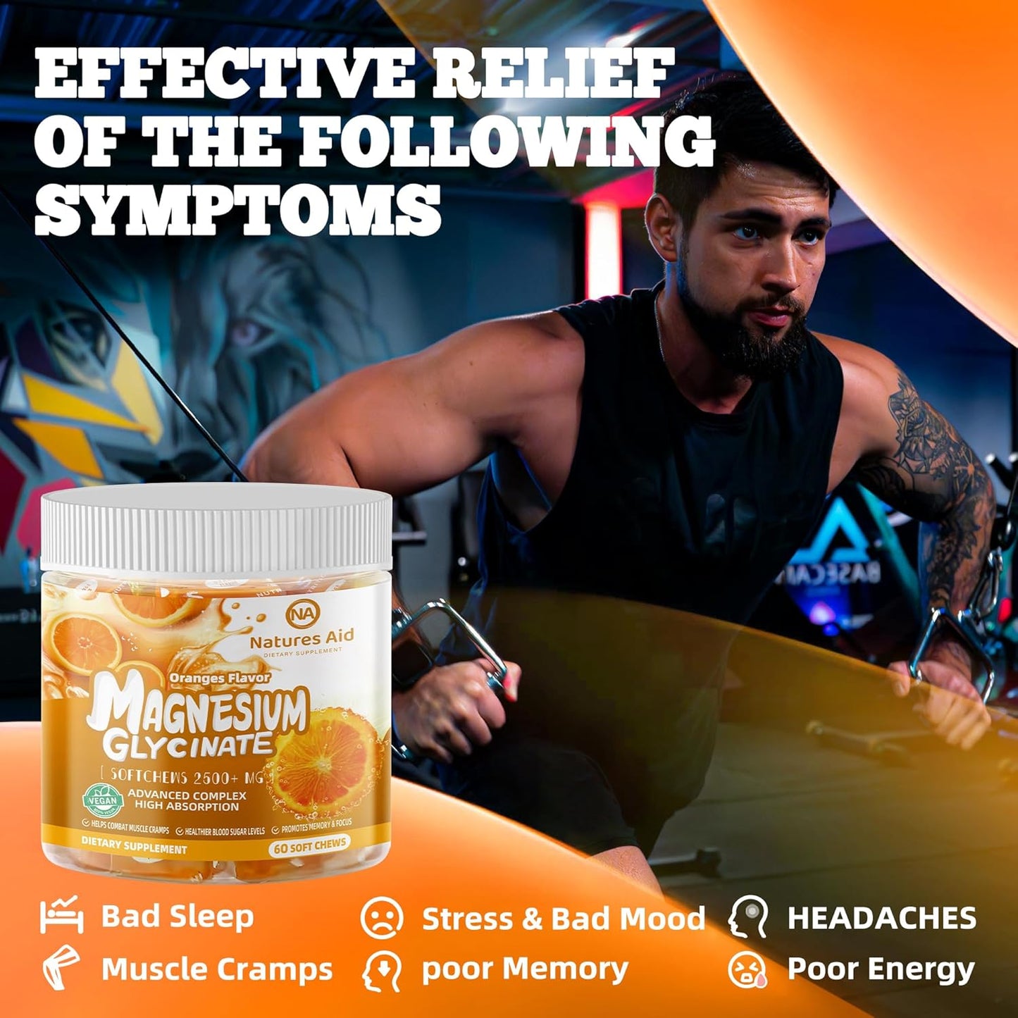 Sugar-Free Orange Flavored Magnesium Glycinate Soft Chews with Potassium, Vitamin D, B6, and CoQ10 for Calm Support & Sleep - 60 Day Supply for Adults