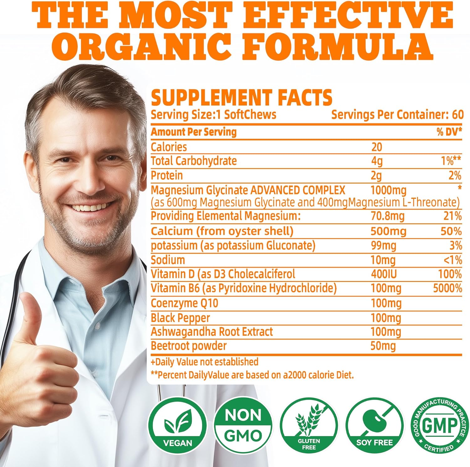 Sugar-Free Orange Flavored Magnesium Glycinate Soft Chews with Potassium, Vitamin D, B6, and CoQ10 for Calm Support & Sleep - 60 Day Supply for Adults