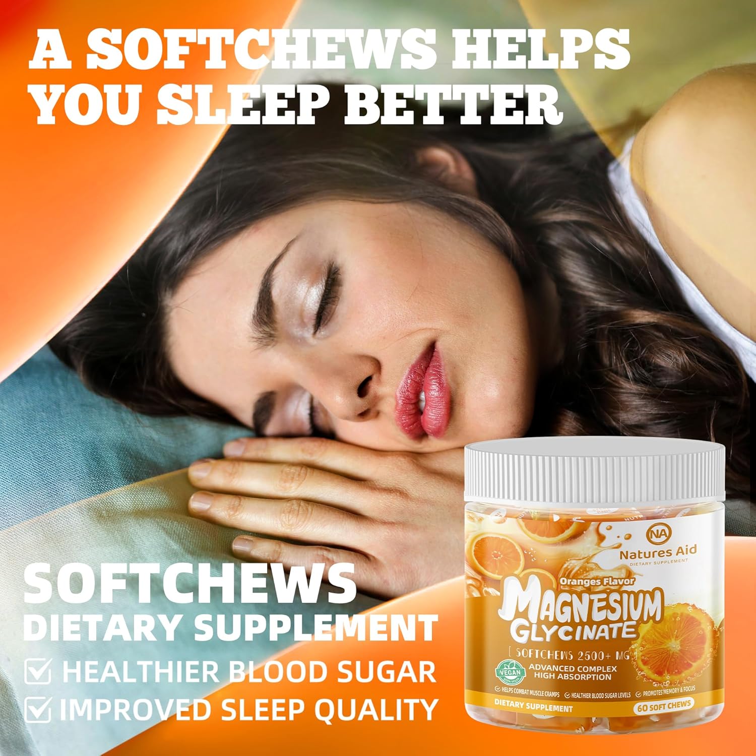 Sugar-Free Orange Flavored Magnesium Glycinate Soft Chews with Potassium, Vitamin D, B6, and CoQ10 for Calm Support & Sleep - 60 Day Supply for Adults