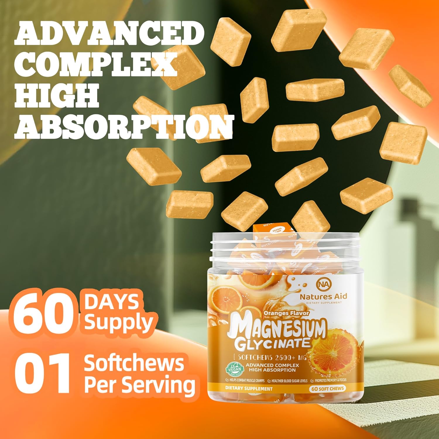 Sugar-Free Orange Flavored Magnesium Glycinate Soft Chews with Potassium, Vitamin D, B6, and CoQ10 for Calm Support & Sleep - 60 Day Supply for Adults