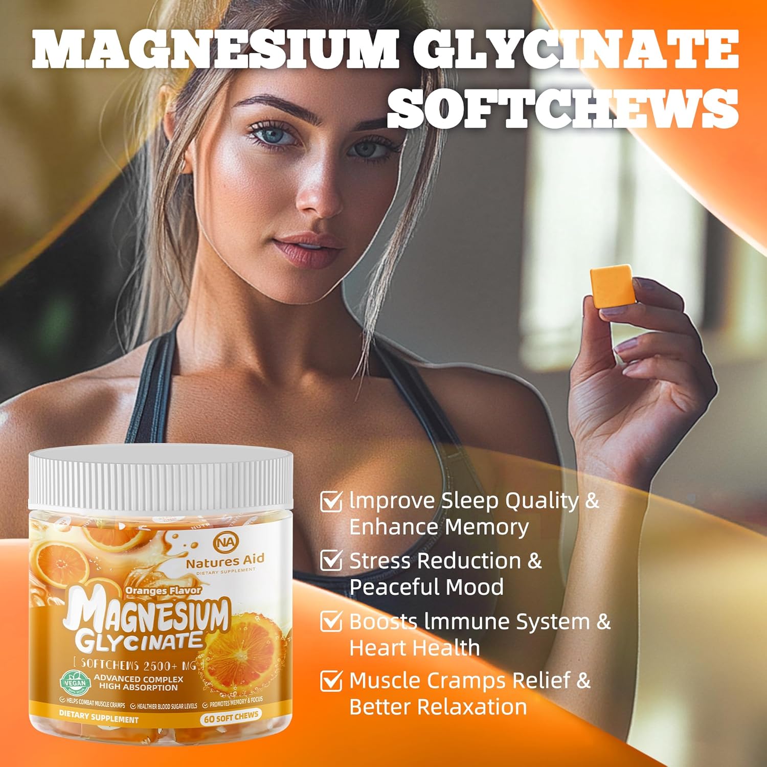 Sugar-Free Orange Flavored Magnesium Glycinate Soft Chews with Potassium, Vitamin D, B6, and CoQ10 for Calm Support & Sleep - 60 Day Supply for Adults