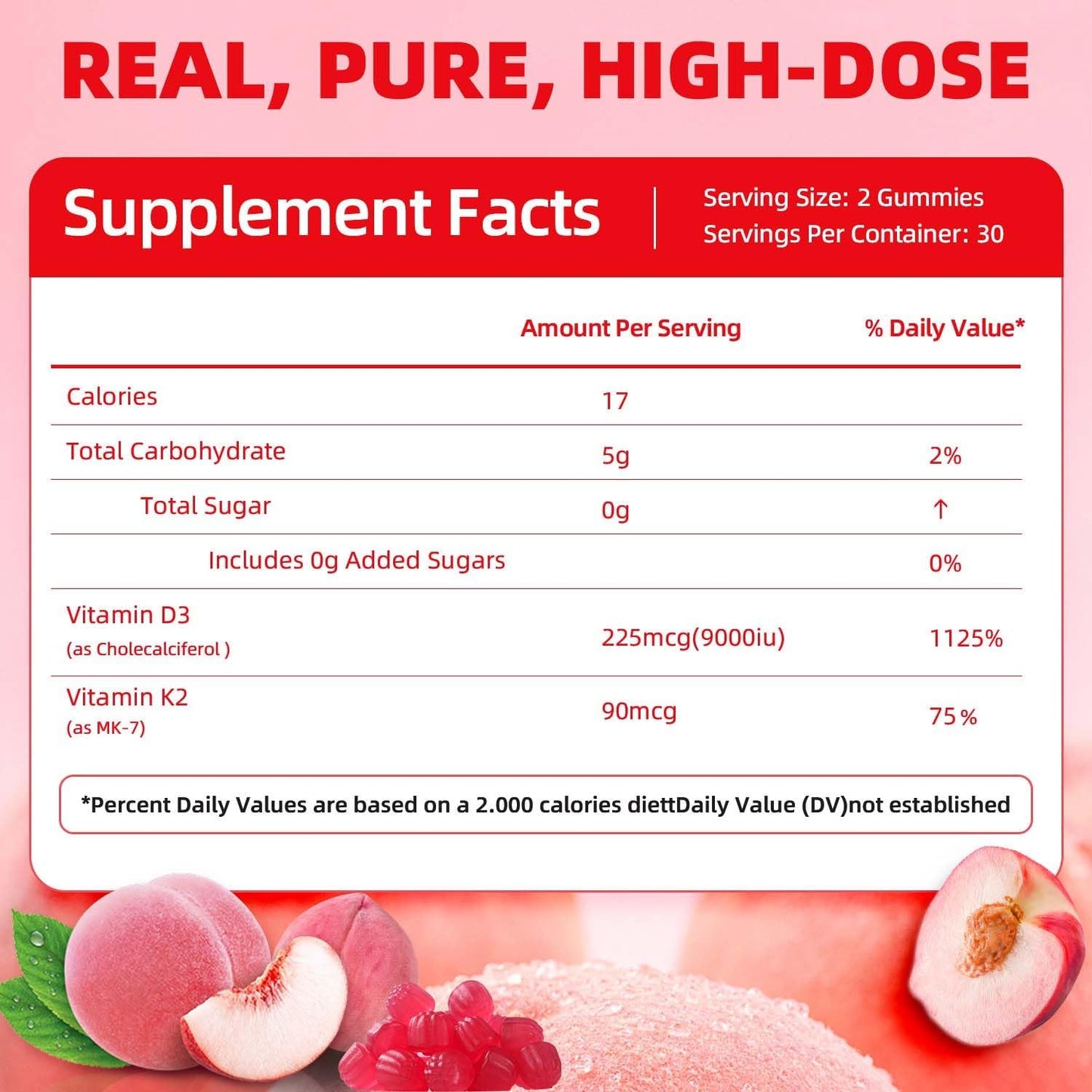 Sugar Free Peach Flavor Vitamin D3 K2 Gummies 10000IU for Women, 60 Count Immune Support Supplement