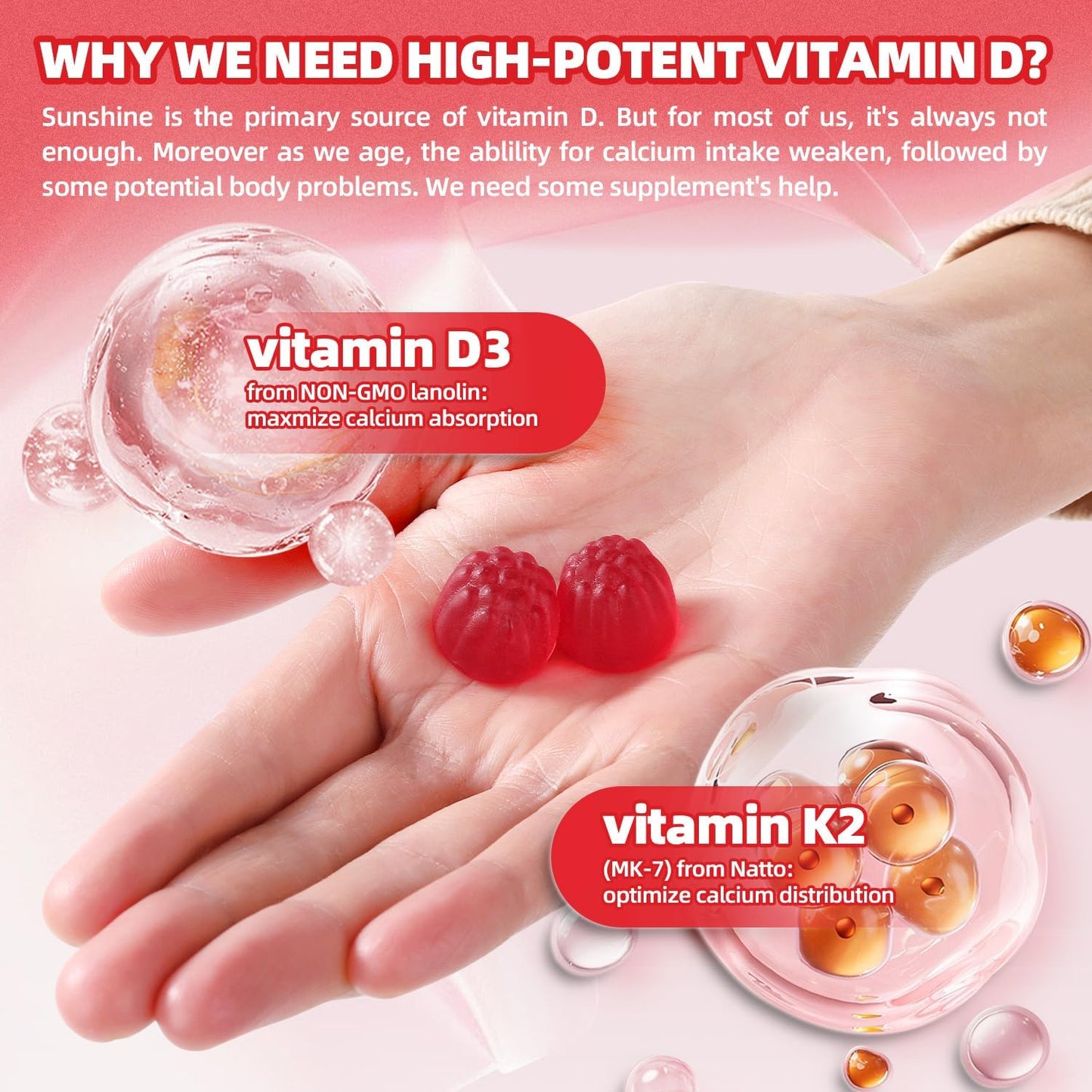 Sugar Free Peach Flavor Vitamin D3 K2 Gummies 10000IU for Women, 60 Count Immune Support Supplement