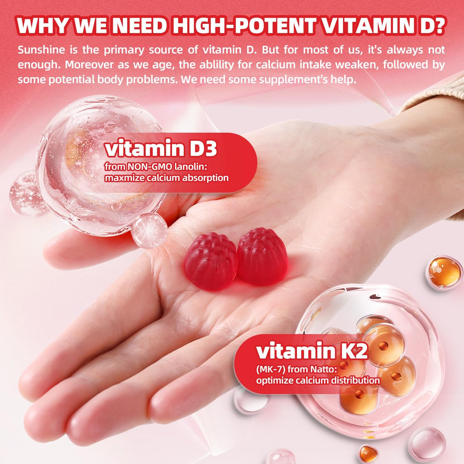 Sugar Free Peach Flavor Vitamin D3 K2 Gummies 10000IU for Women, 60 Count Immune Support Supplement