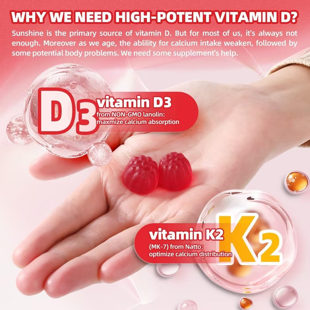 Sugar-Free Peach Flavored ORGMO D3 K2 Vitamin Gummies - 10000 IU Supplement for Women, Adults - 90 Count Immune and Muscle Support
