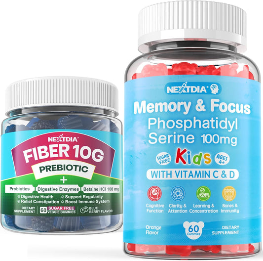 Sugar Free Phosphatidylserine Gummies for Kids + Fiber Gummies for Adults - Nextdia's Healthy Gummy Bundle