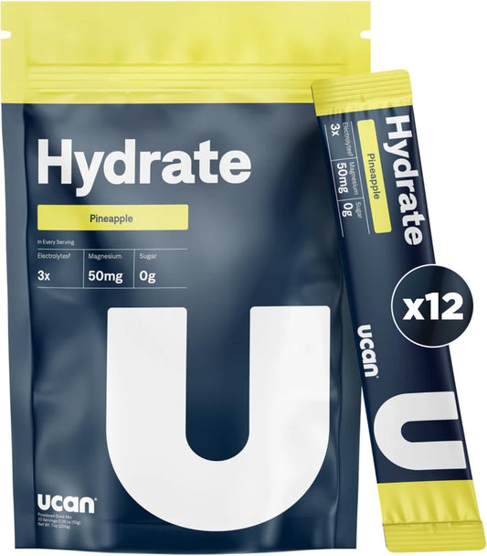 Sugar-Free Pineapple UCAN Hydrate Electrolyte Drink Mix - 12 Stickpacks (Keto, Vegan, Non-GMO, Gluten-Free) - Potassium & Magnesium for Athletes