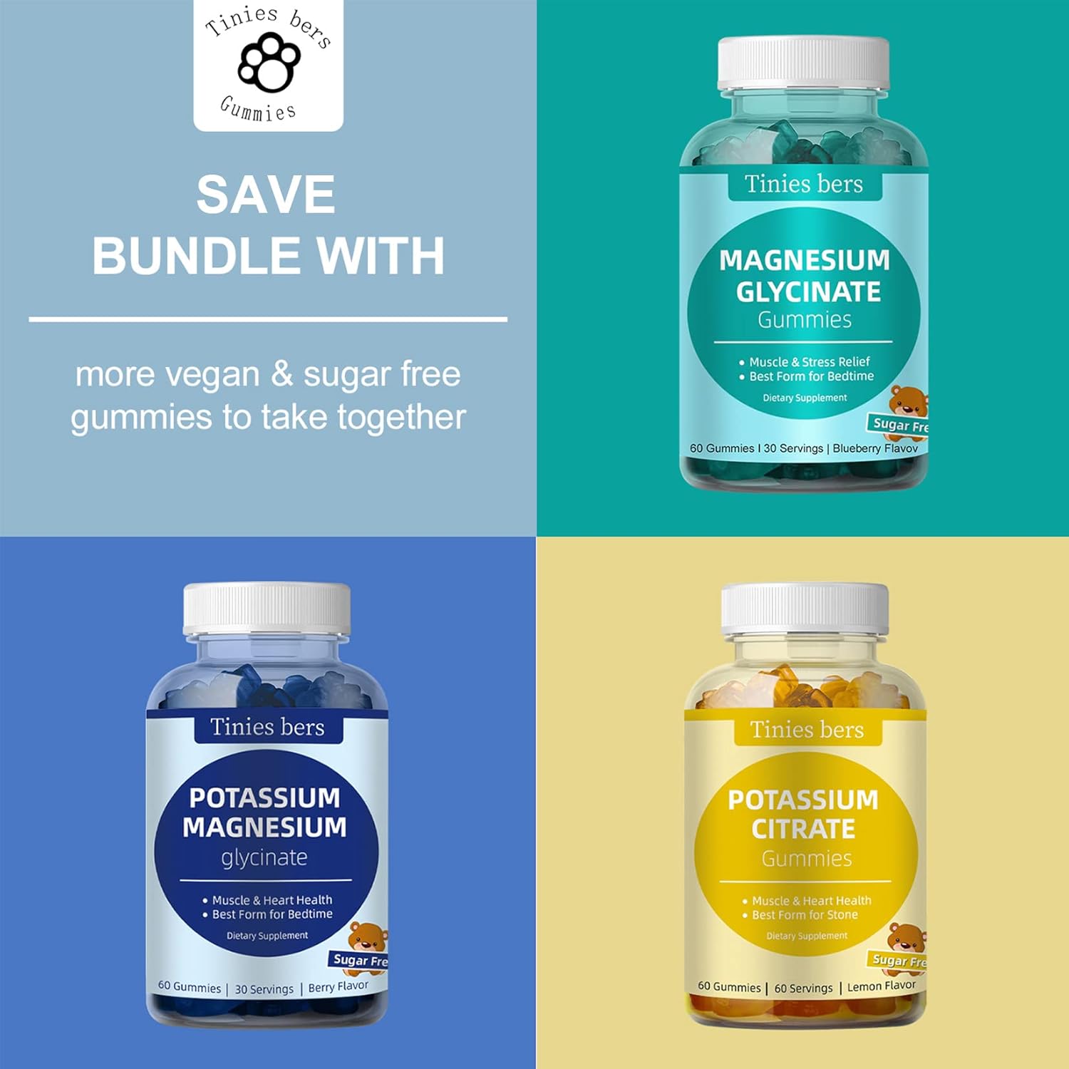 Sugar-Free Potassium Magnesium Gummies for Adults and Kids - Supports Muscle, Heart Health, and Sleep - Vegan and Non-GMO - Berry Flavor - 60 Count