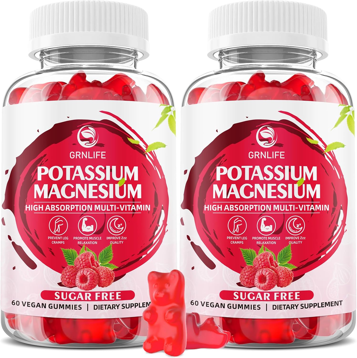 Sugar-Free Potassium Magnesium Gummies for Immune Health & Leg Cramps - 120 Count Raspberry Flavored Supplement for Adults & Kids with High Absorption Magnesium Glycinate by GrnLife